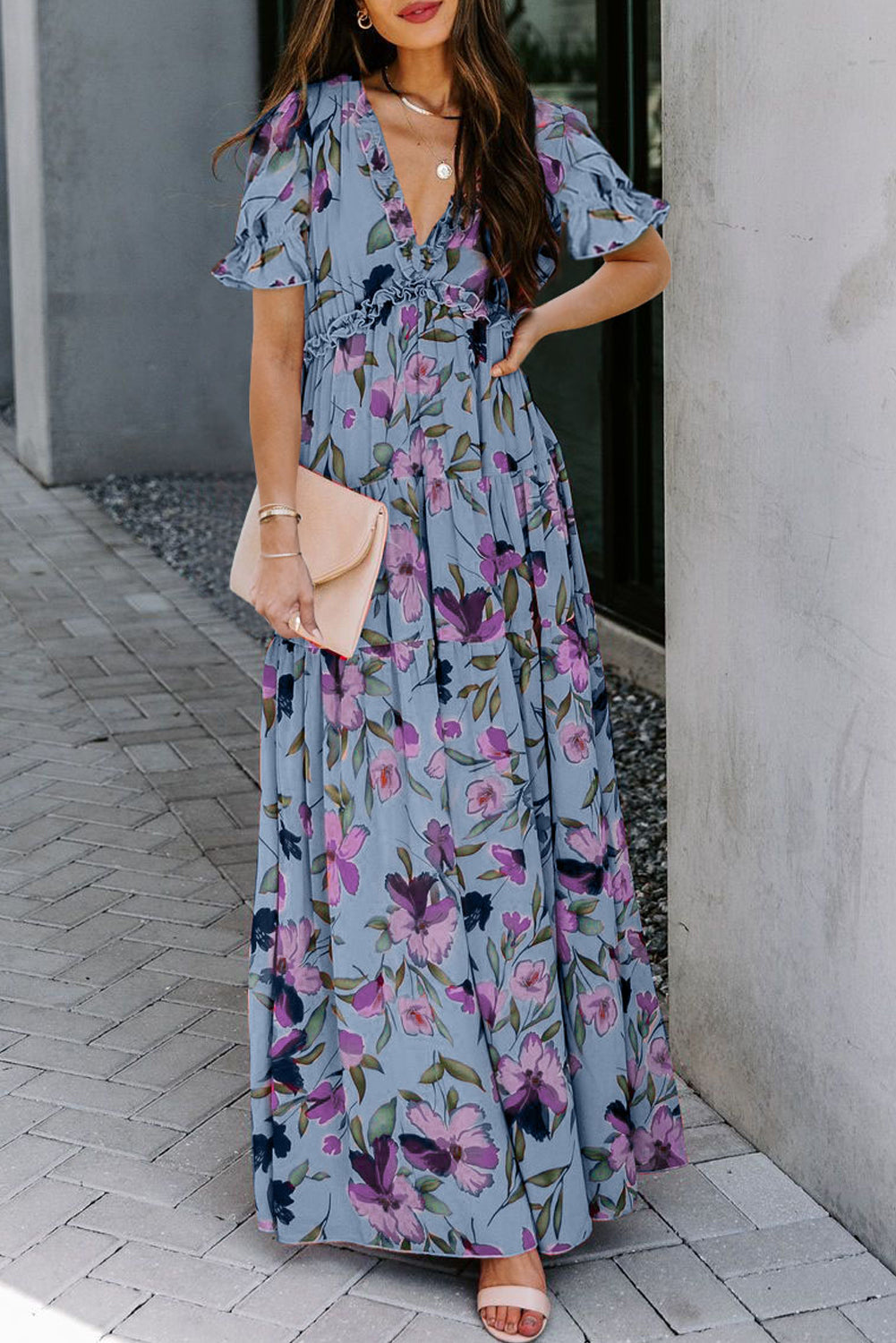 Women's Floral Print Frilled V-Neck Short Sleeve Maxi Dress Blue Black Green S-XL at LivelyLooks