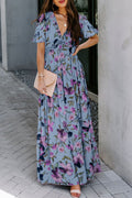 Women's Floral Print Frilled V-Neck Short Sleeve Maxi Dress Blue Black Green S-XL at LivelyLooks