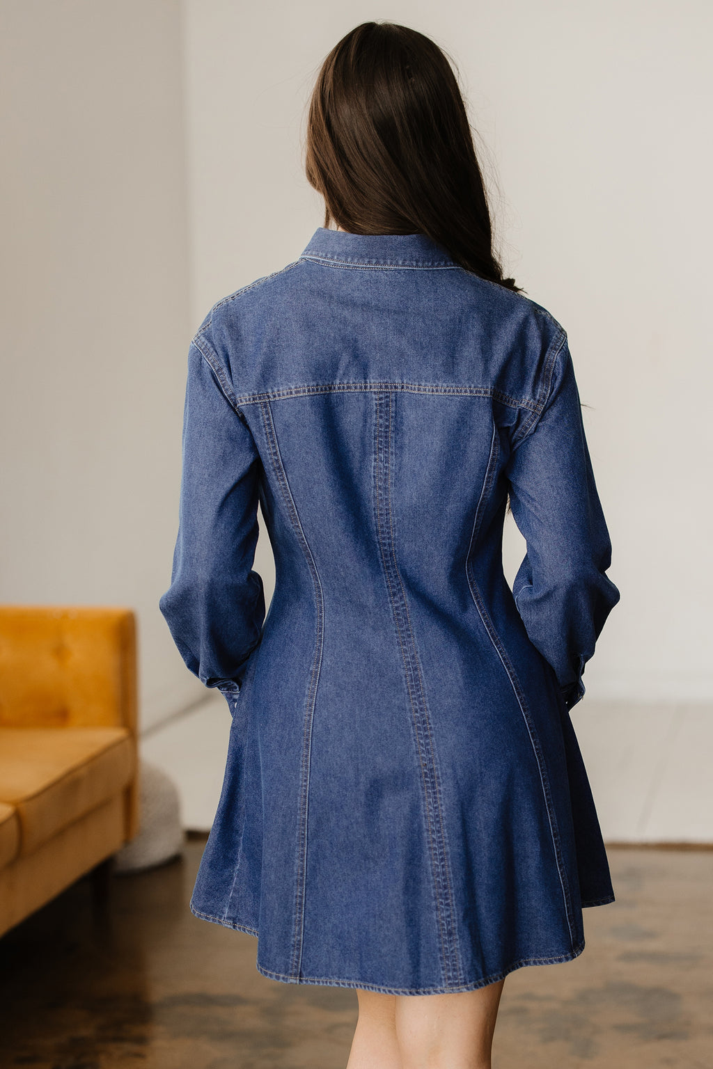 Blue Denim Shirt Collar Long Sleeve Flared Mini Dress | UK 8-22