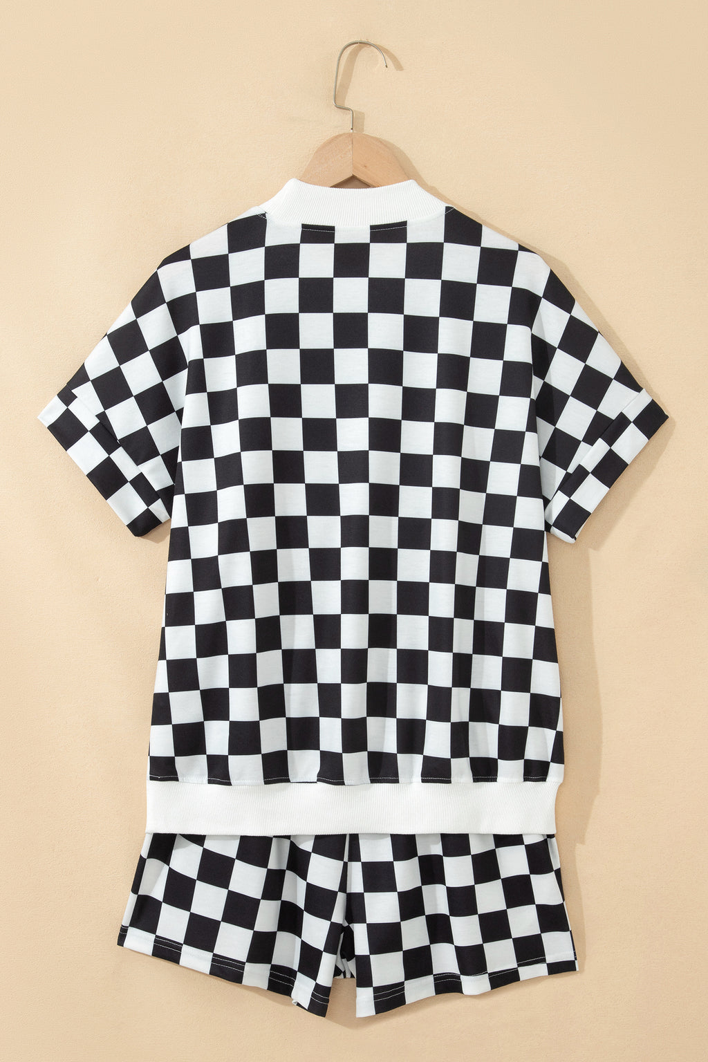 LivelyLooks Pink Checkered Print Colour Block Trim Mock Neck Short Set Two Piece Co-ord PJ women's fashion
