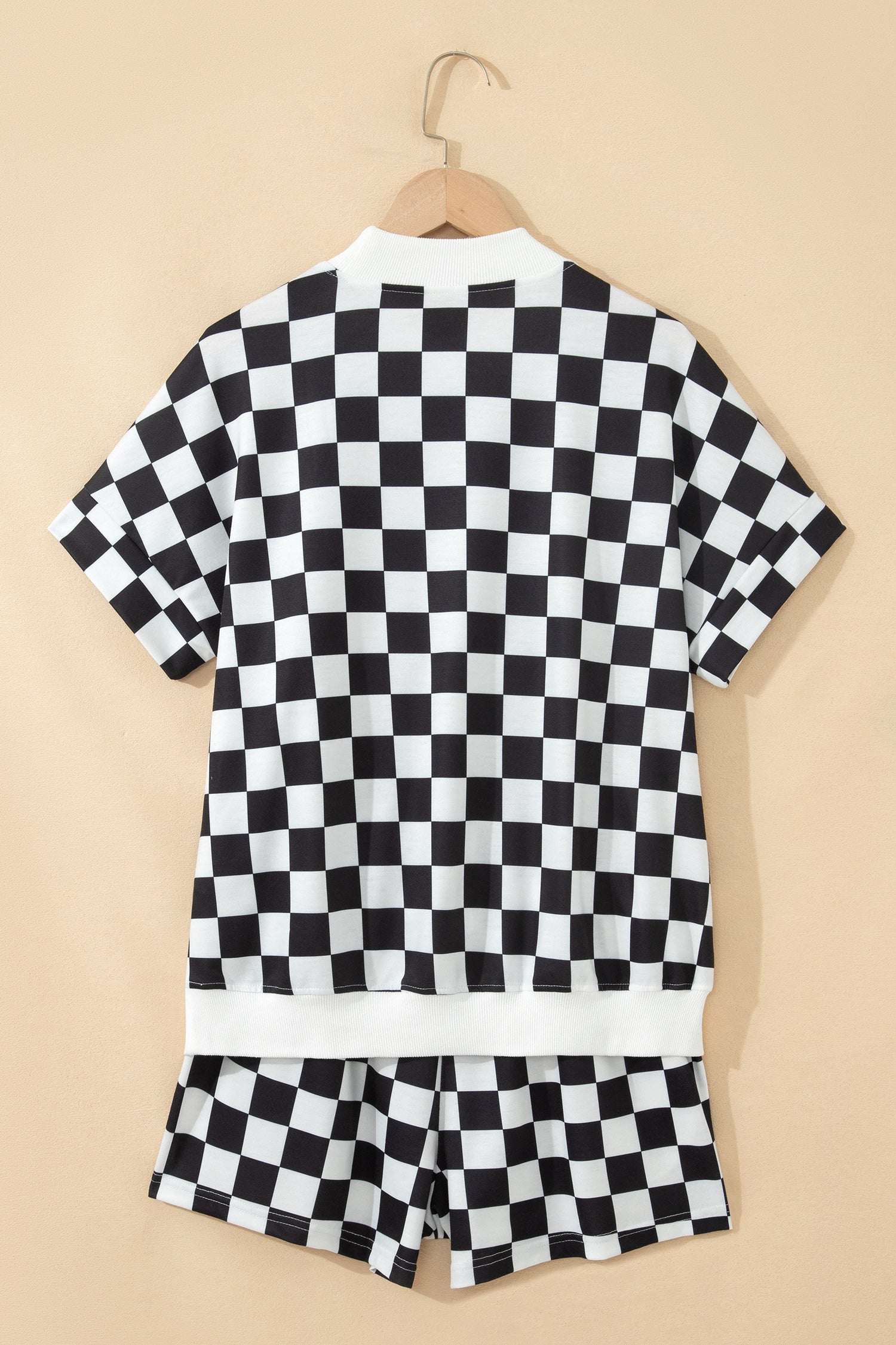 LivelyLooks Pink Checkered Print Colour Block Trim Mock Neck Short Set Two Piece Co-ord PJ women's fashion