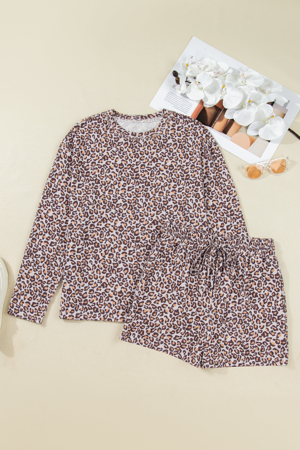 Khaki Leopard Ribbed Long Sleeve Top & Drawstring Shorts Set | UK 8–22