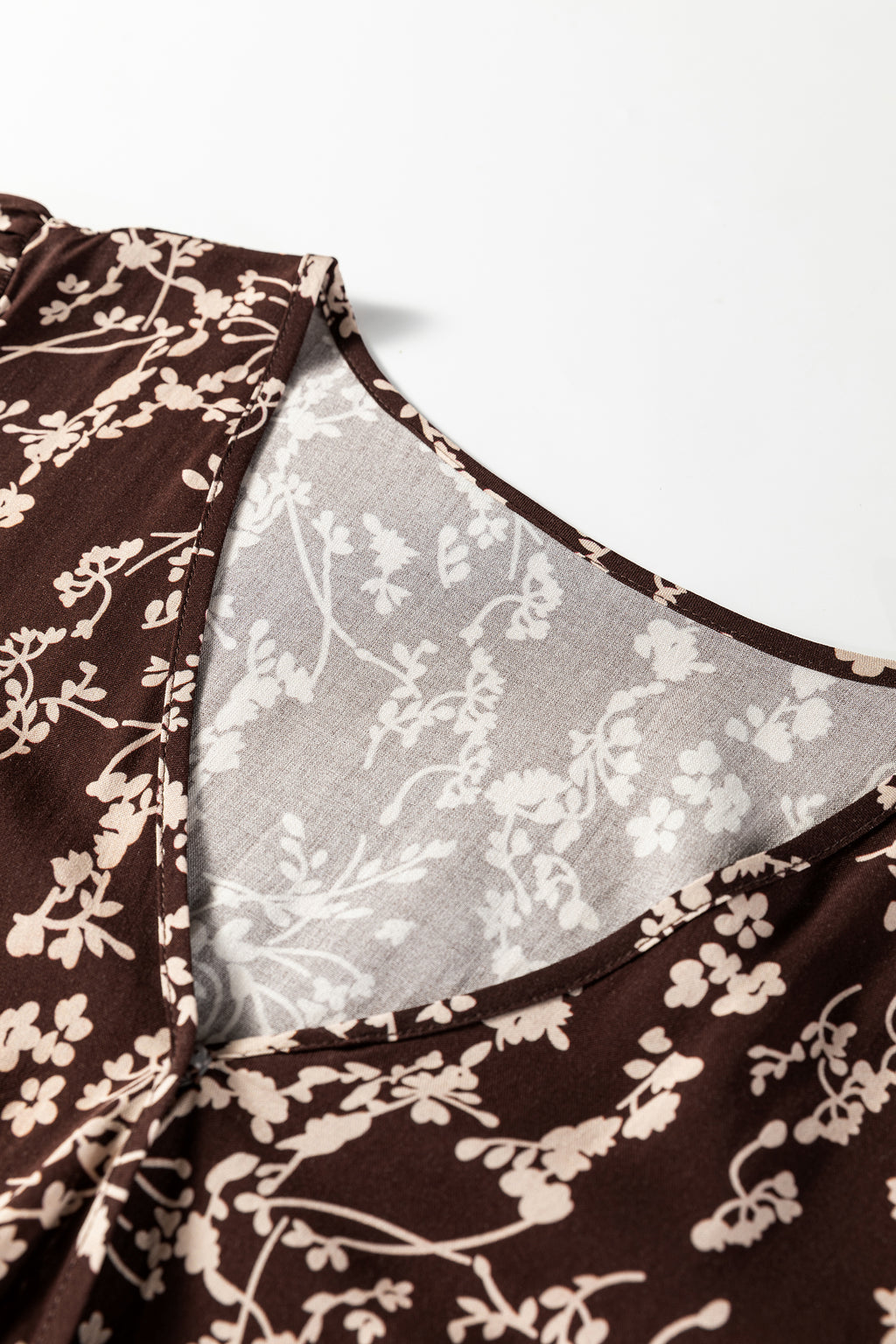 Brown Ditsy Floral Mini Dress Split Neck Long Sleeve Shirred Waist Flared Women S-XL