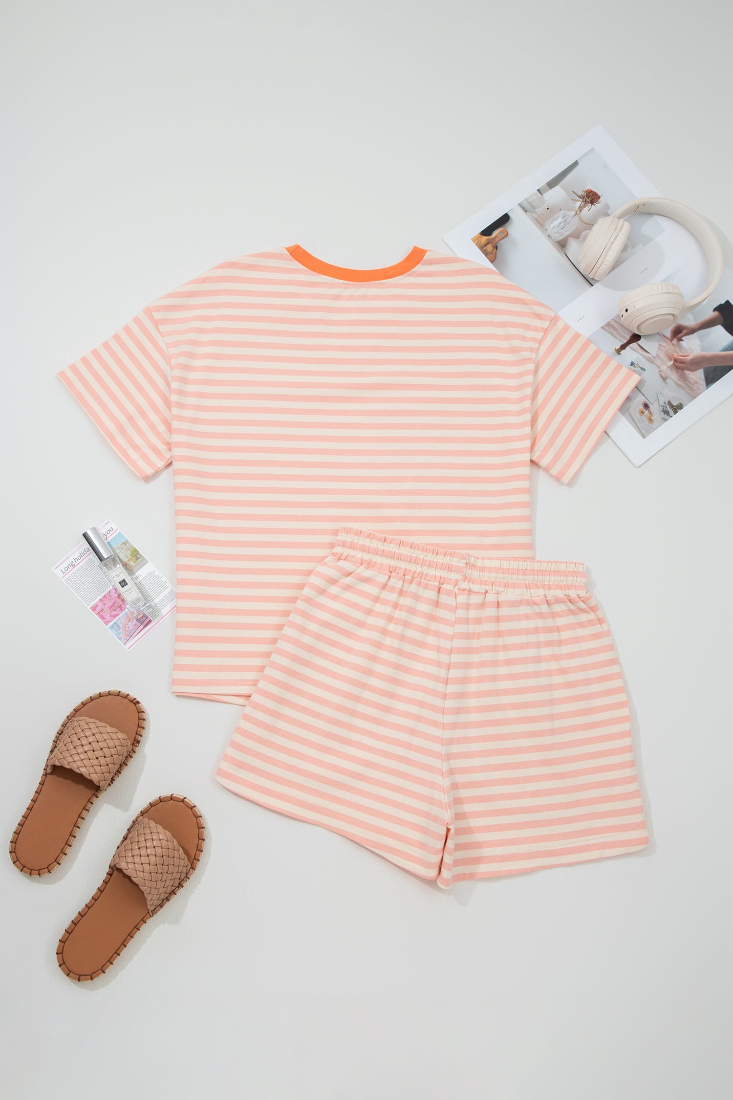 Women's Stripe Contrast Neck Tee & Drawstring Shorts Co-ord Set S-XL at LivelyLooks