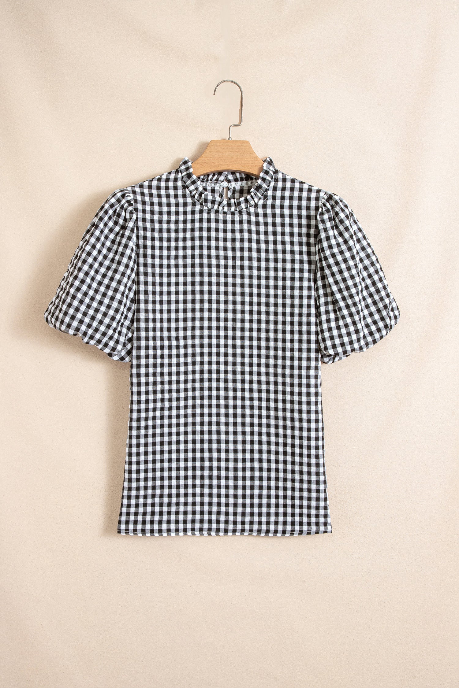 Black Plaid Puff Sleeve Frilled Neck Blouse S-XL