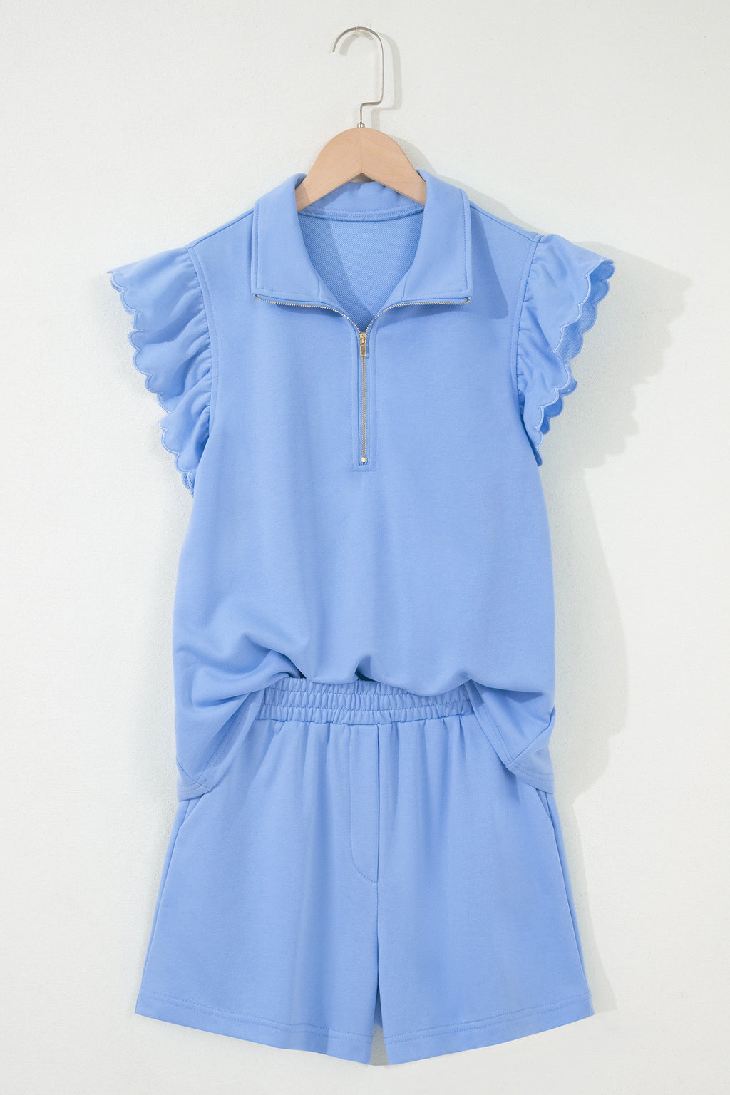 Half Zip Ruffled Short Set – Sky Blue & Coral Paradise