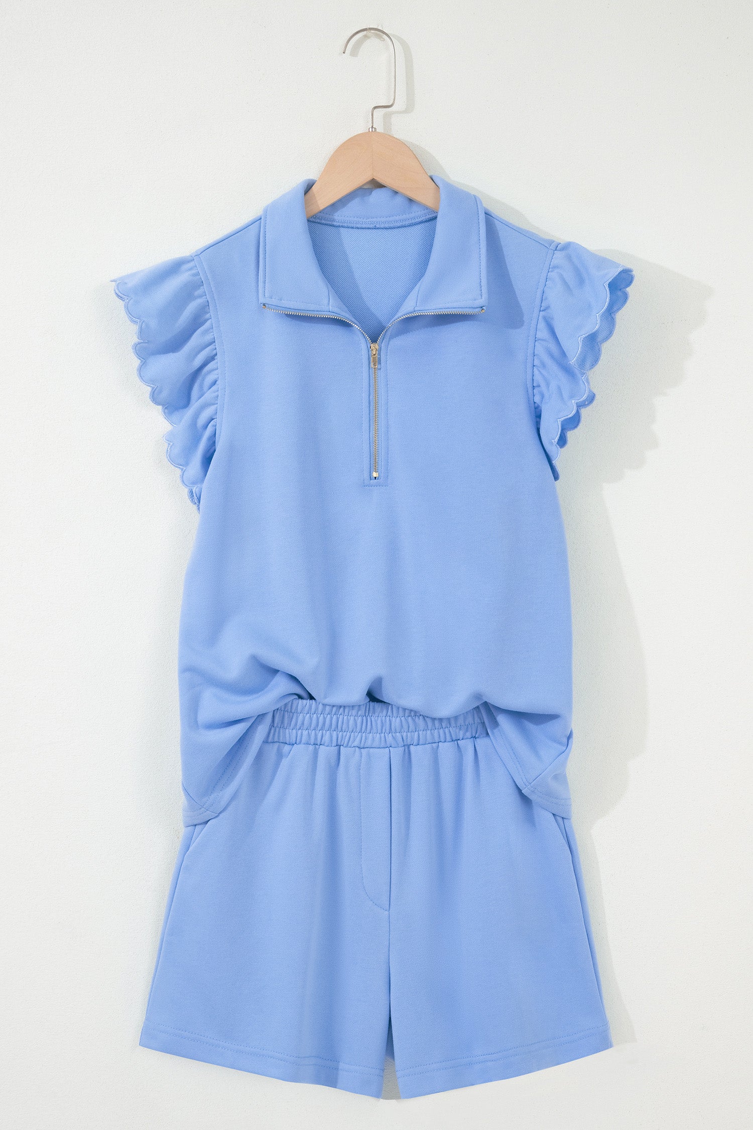 Half Zip Ruffled Short Set – Sky Blue & Coral Paradise