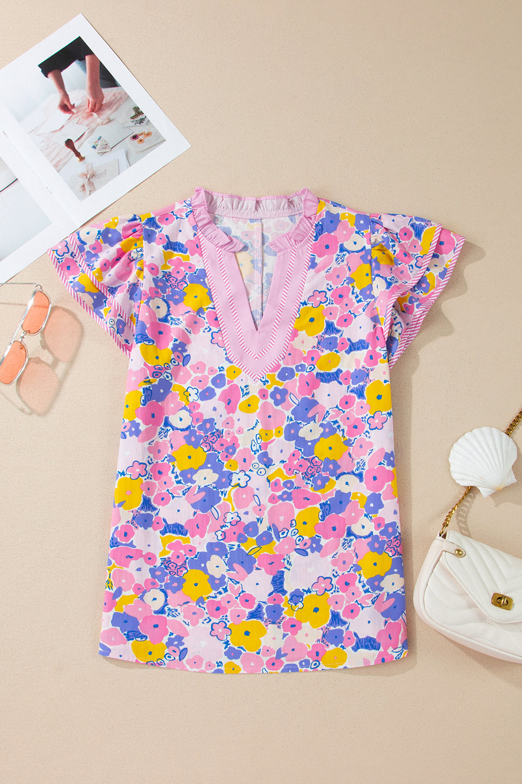 Shop Pink Playful Floral Print Striped Color Block Patchwork V Neck Flutter Sleeve Blouse at LivelyLooks