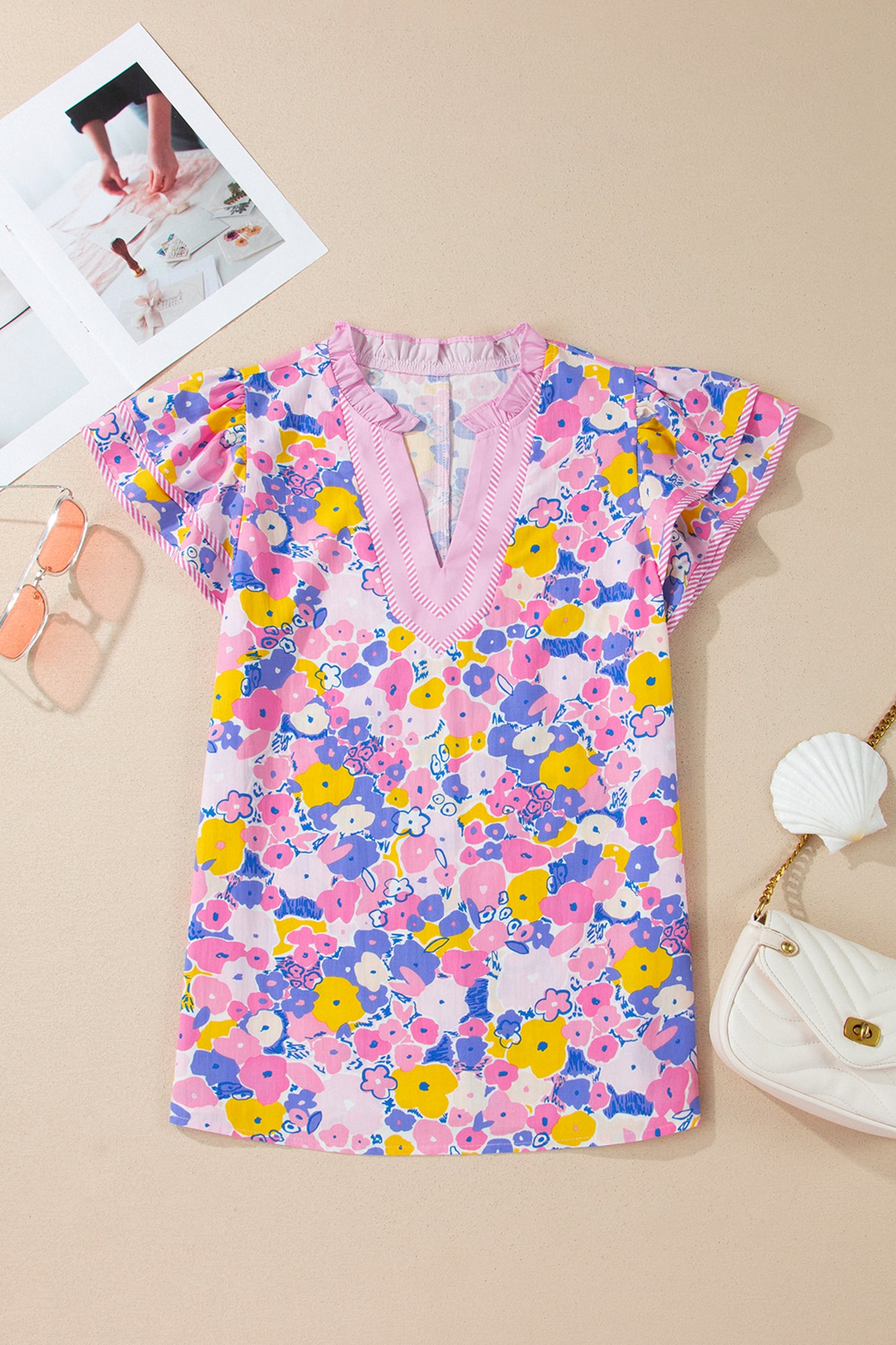 Shop Pink Playful Floral Print Striped Color Block Patchwork V Neck Flutter Sleeve Blouse at LivelyLooks