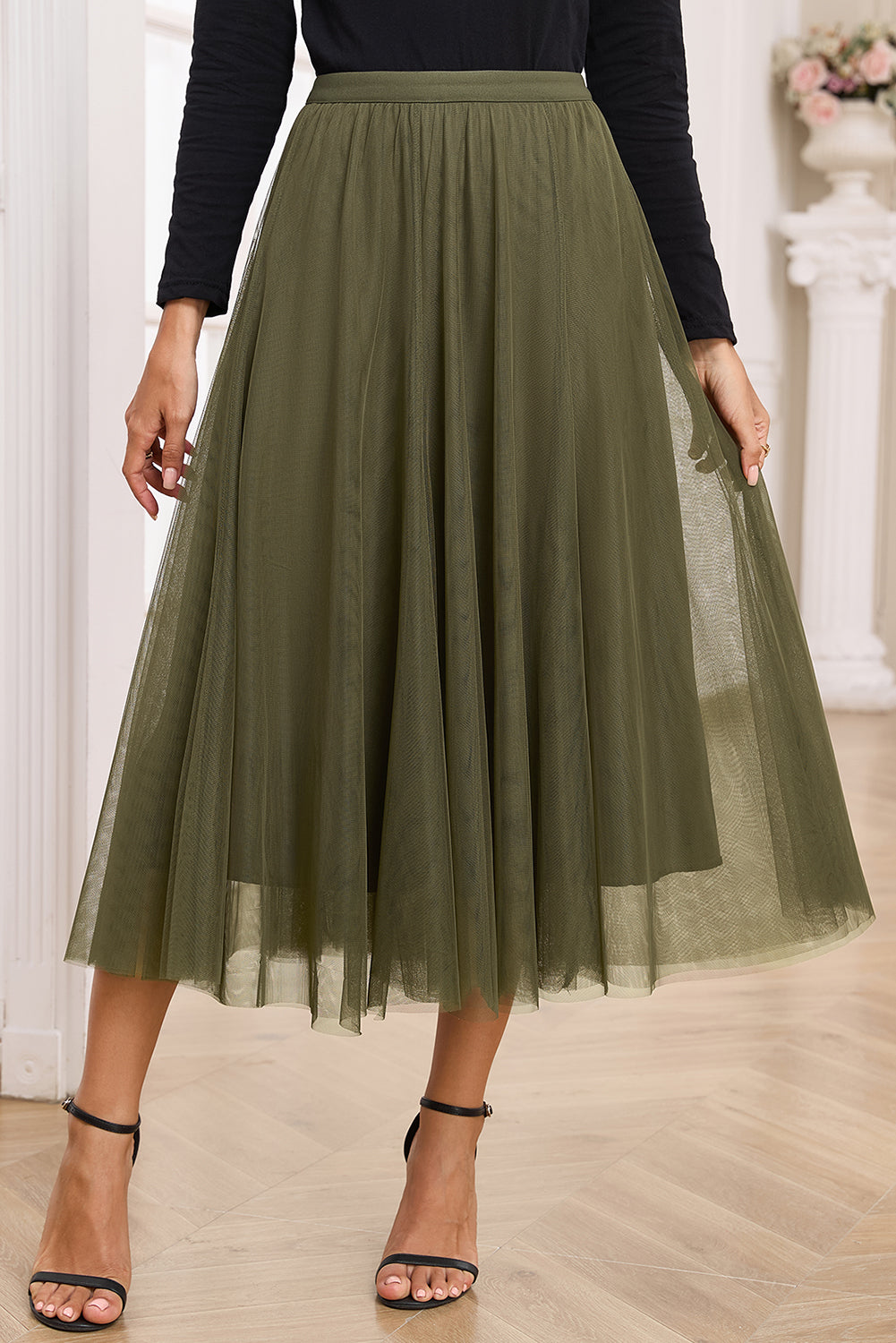 Women's Women's Tulle Flared Midi Skirt Layered Mesh Overlay Green Beige S-XL at LivelyLooks