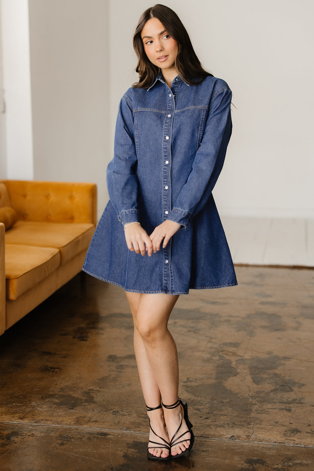 Blue Denim Shirt Collar Long Sleeve Flared Mini Dress | UK 8-22