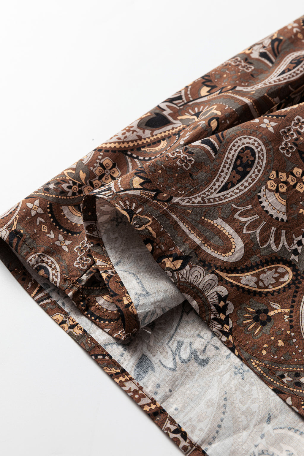 Brown Paisley Print Mini Dress Puff Sleeve Half Button Flowy Women S-XL