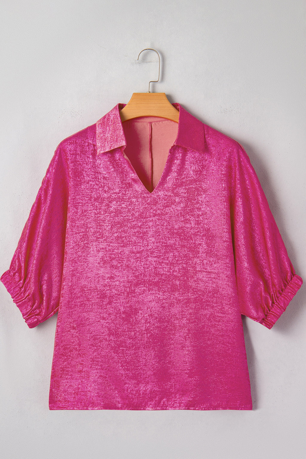 Aqua Metallic Shimmer Collared V Neck Half Sleeve Top
