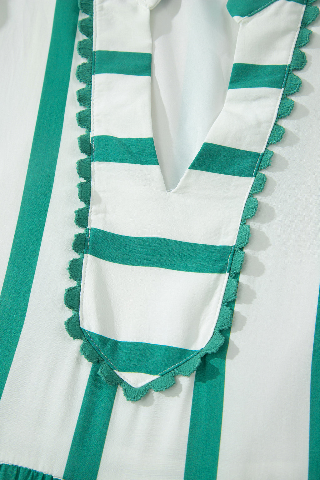 Stripe Ricrac Notch V-Neck Puff Sleeve Midi Dress Green Sky Blue S-XL