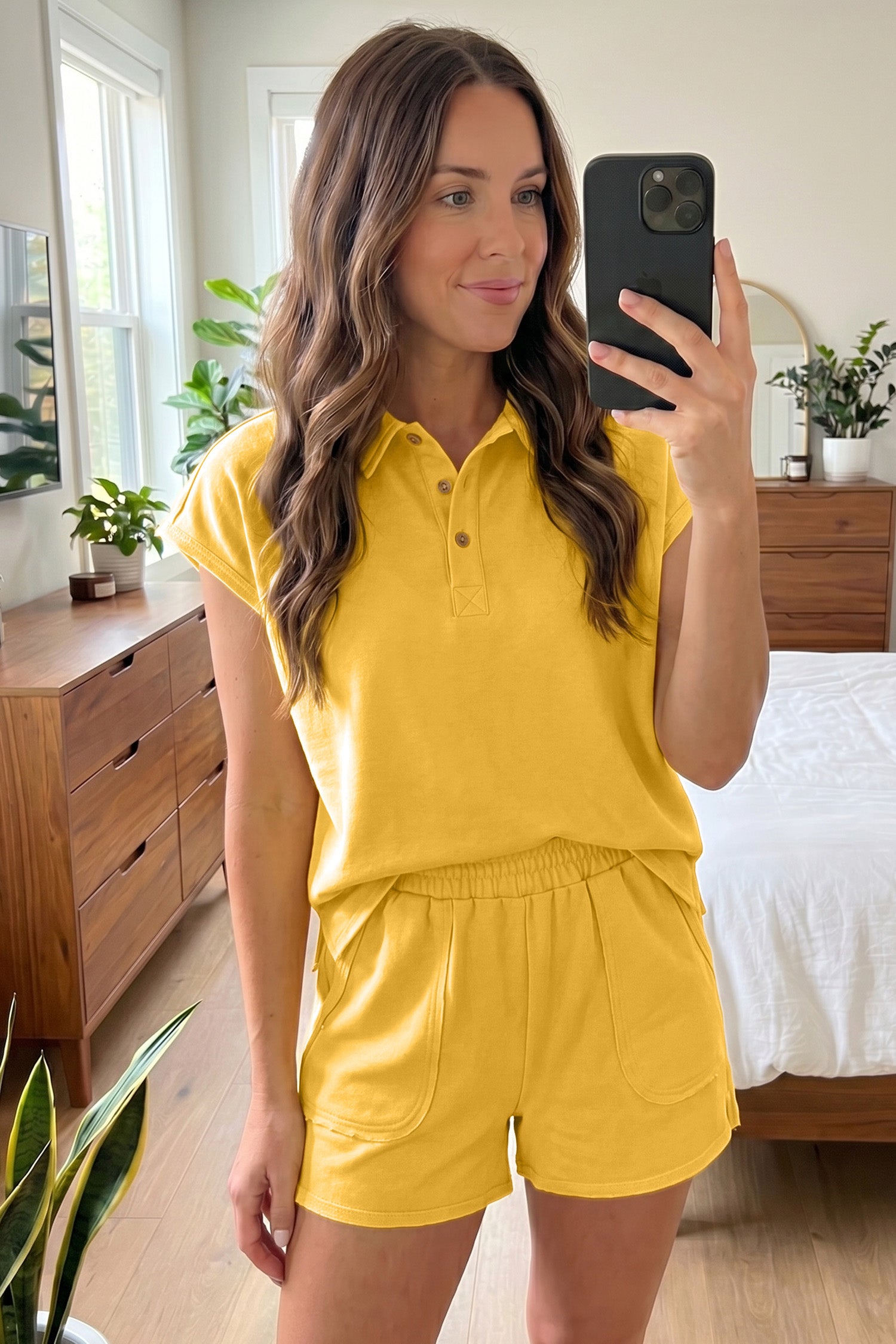 LivelyLooks Yellow & Blue Loose Polo Tee & Elastic Waist Shorts Co-ord Set | S-XL women's fashion