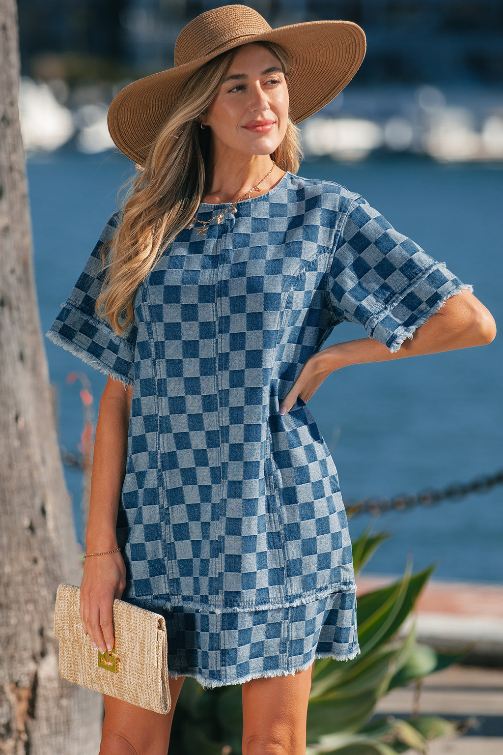 LivelyLooks Checkered Frayed Hem Patchwork Denim Mini Dress Blue S-XL women's fashion