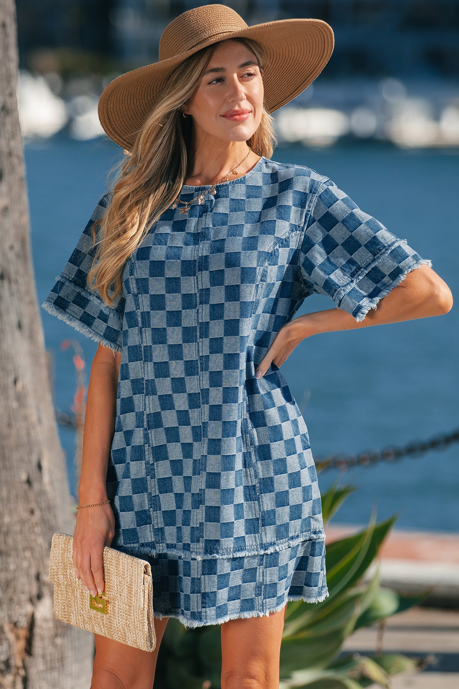 LivelyLooks Checkered Frayed Hem Patchwork Denim Mini Dress Blue S-XL women's fashion