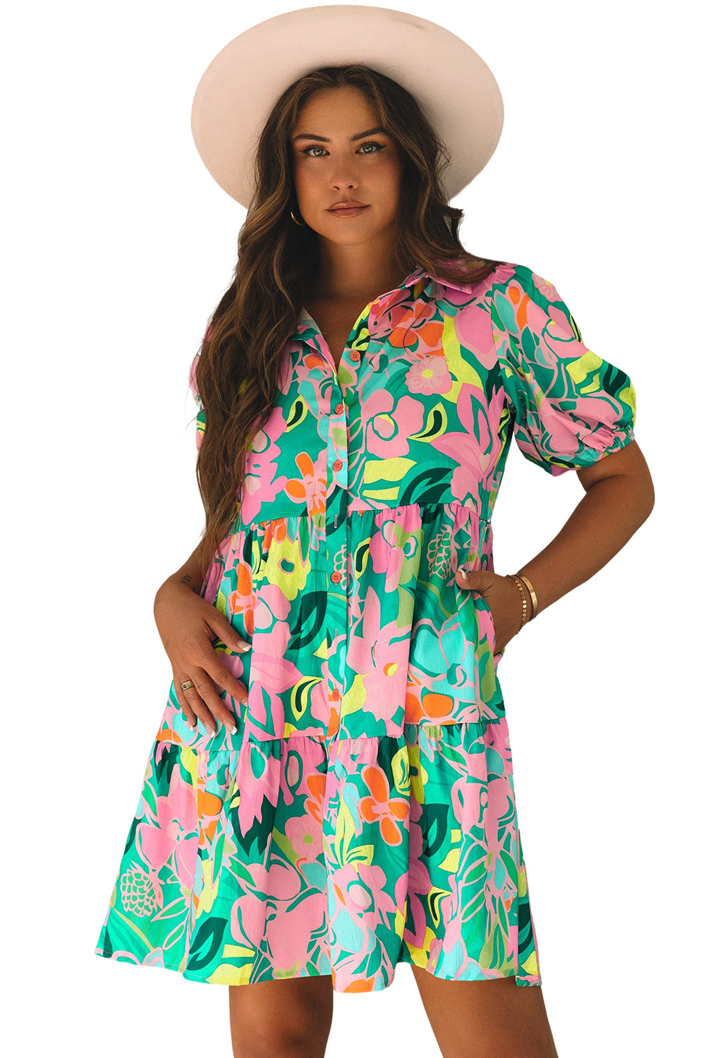 Women's Green Floral Puff Sleeve Collar Buttoned Babydoll Dress Summer Boho Mini Sundress at LivelyLooks