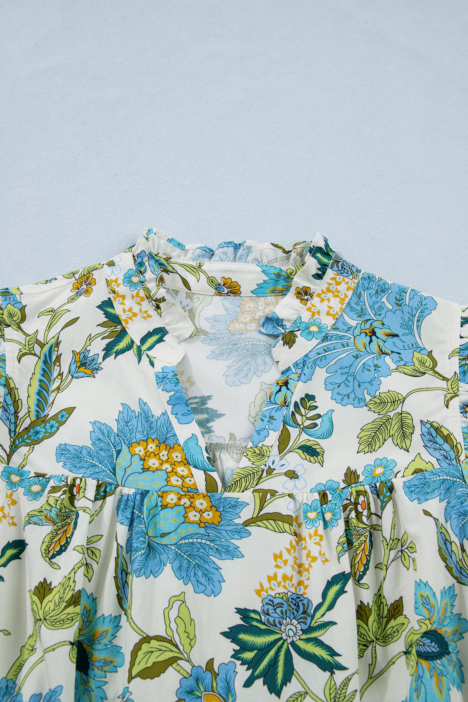 Beige Floral V Neck Triple Ruffle Short Sleeve Shift Mini Dress S-XL