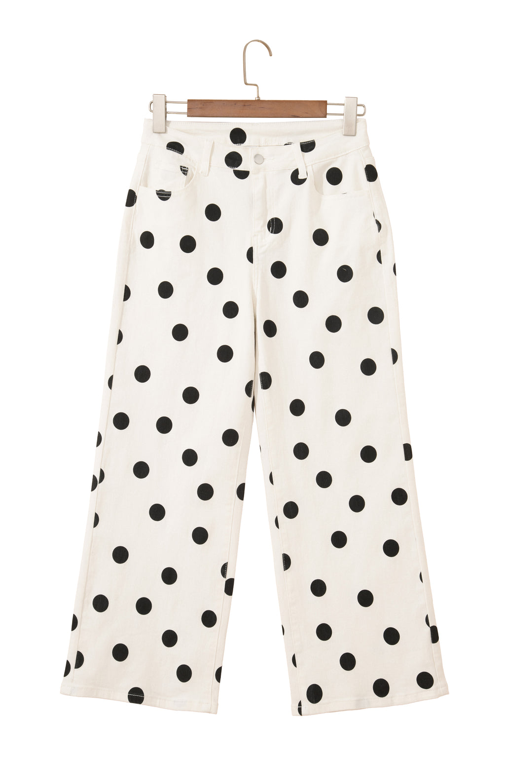Women's White Polka Dot Wide Leg Ankle Jeans Button Zip Pocket UK 4-16 at LivelyLooks