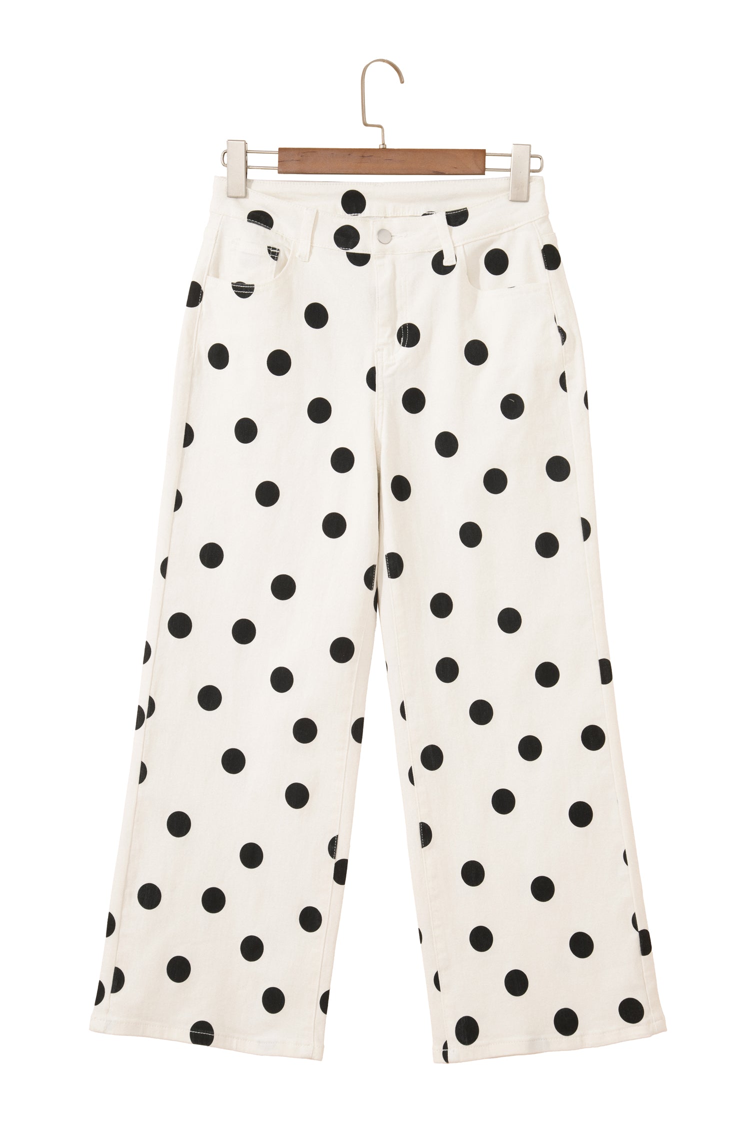 Women's White Polka Dot Wide Leg Ankle Jeans Button Zip Pocket UK 4-16 at LivelyLooks