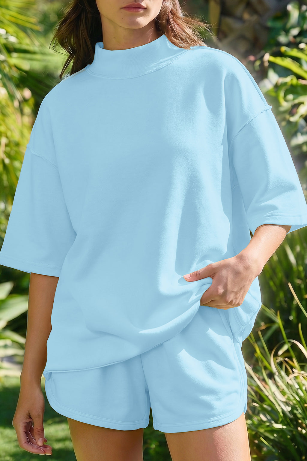 Exposed Seam Mock Neck Oversized Tee & Shorts Set – Mist Blue