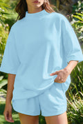 Exposed Seam Mock Neck Oversized Tee & Shorts Set – Mist Blue