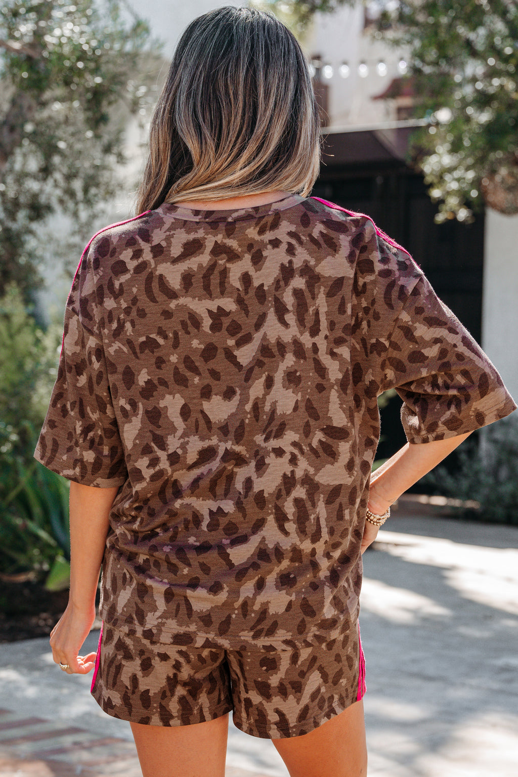 Brown Contrast Striped Accent Leopard Short Set | UK 8–22
