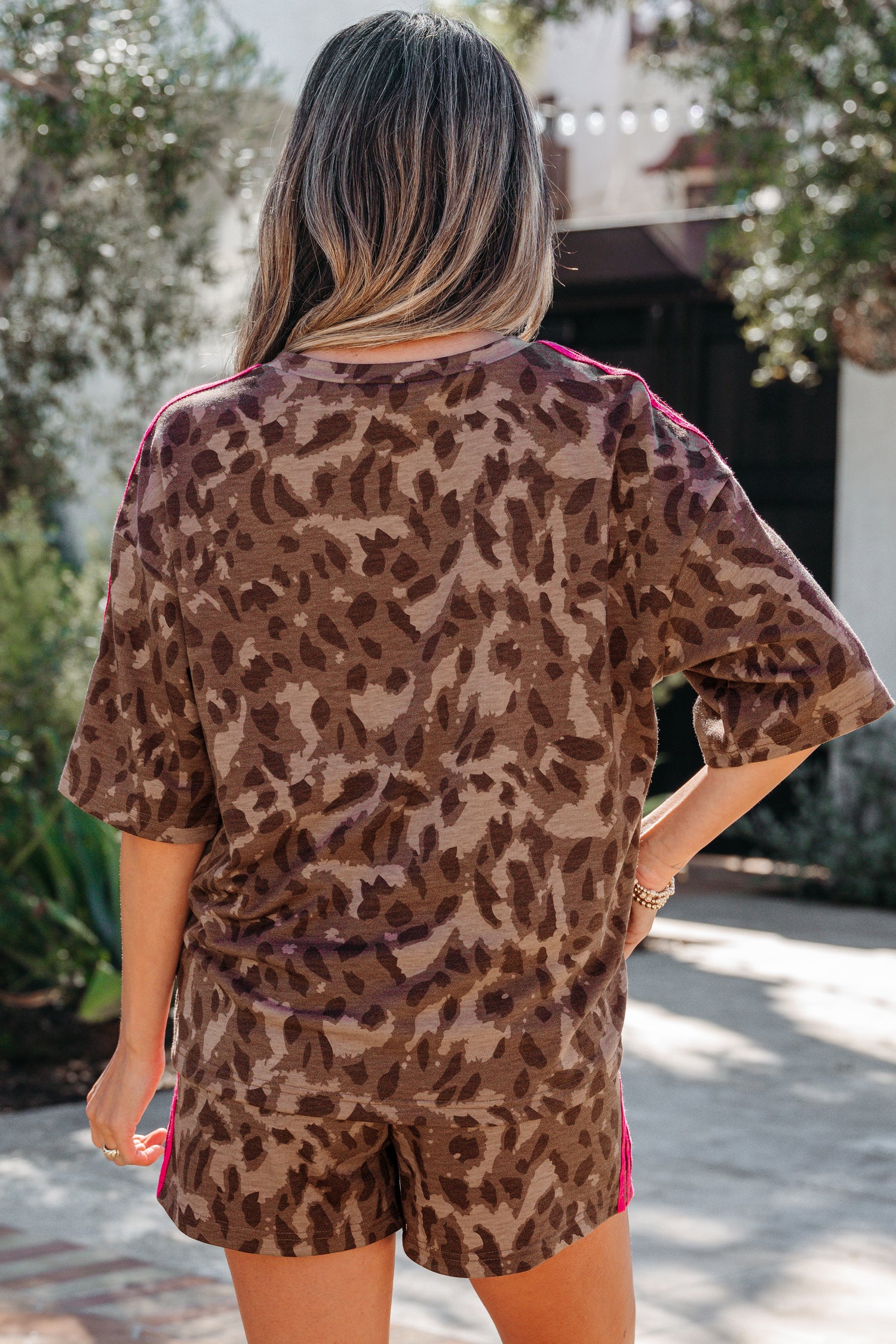 Brown Contrast Striped Accent Leopard Short Set | UK 8–22