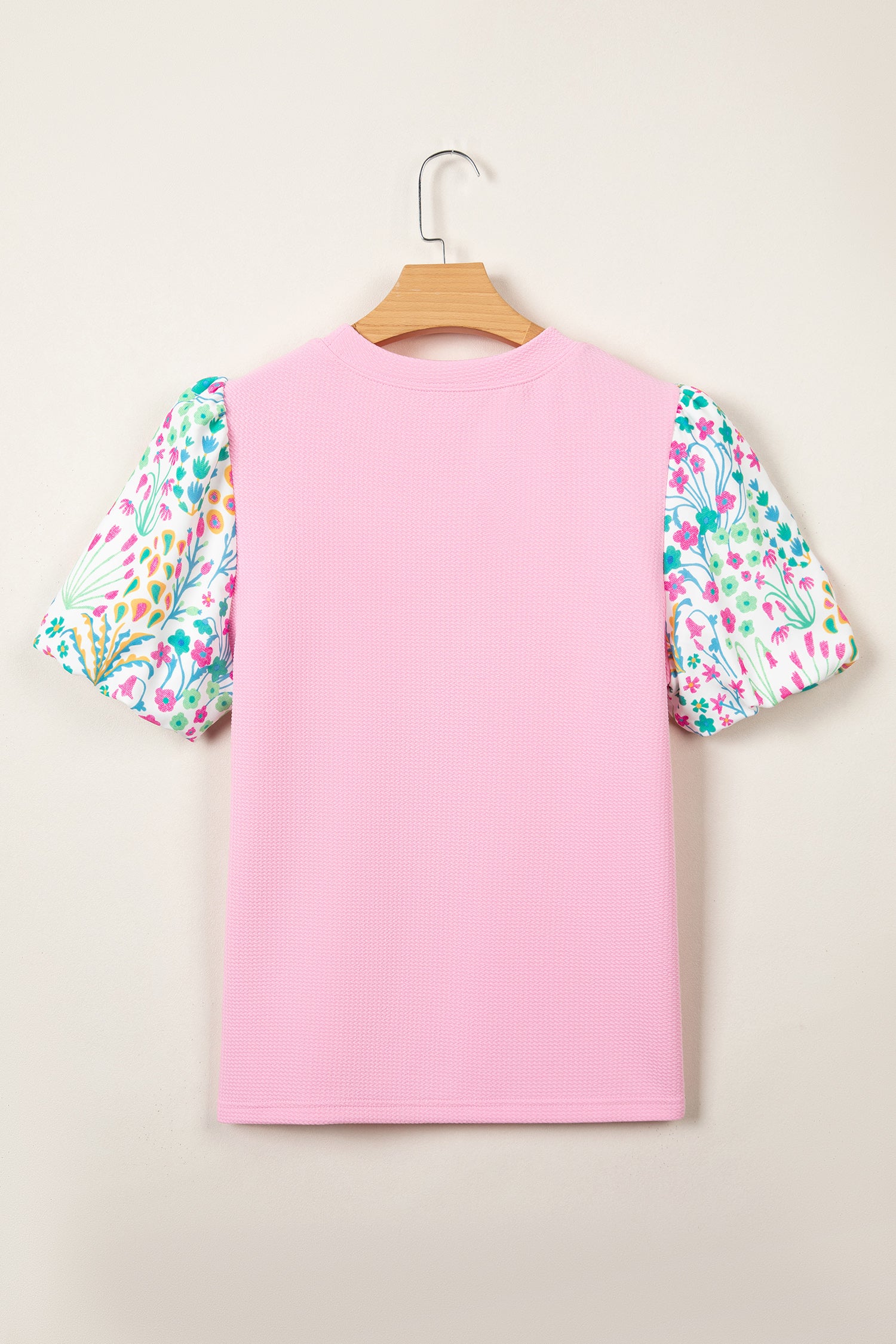 Pink Floral Bubble Sleeve Textured Contrast Round Neck Blouse
