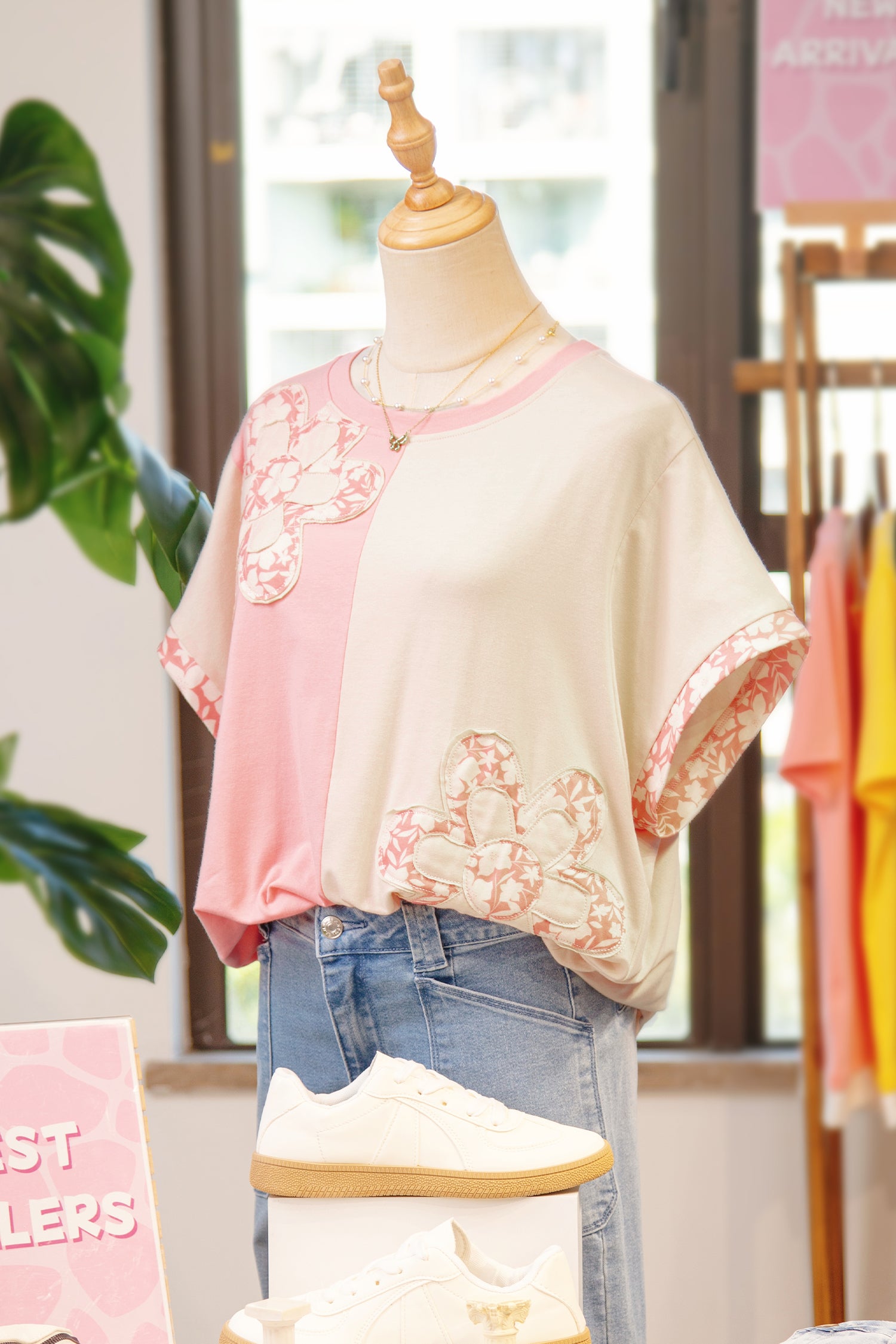 Beige Colour Block Flower Patch Loose T-Shirt | Casual Top