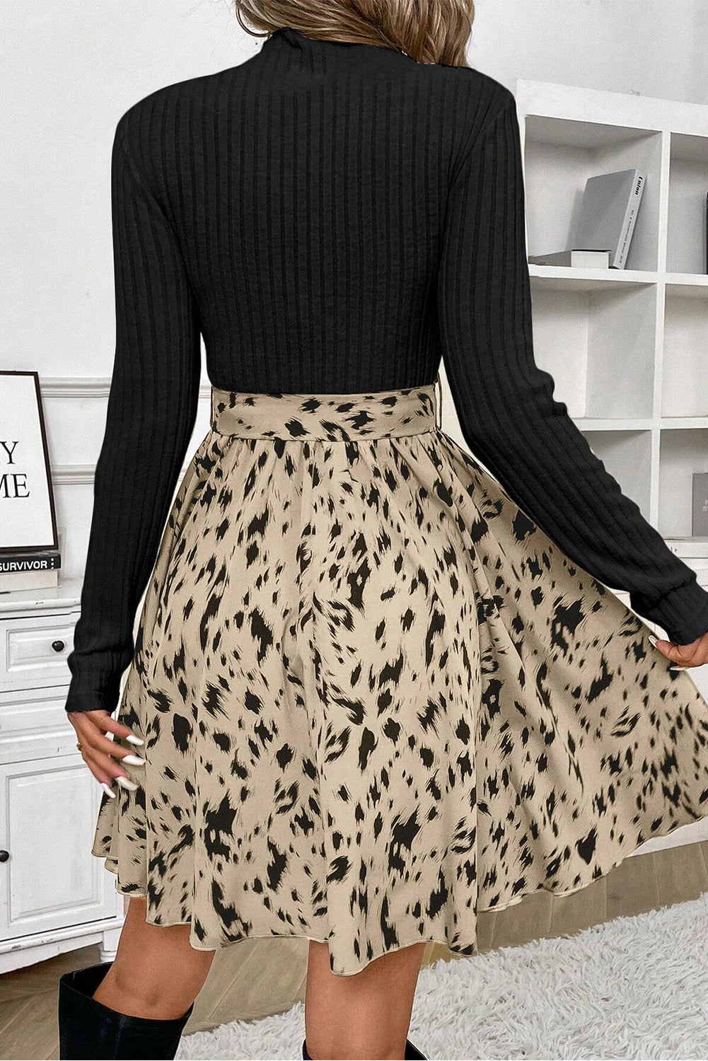 Women's Black Ribbed Knit Patchwork Printed Belted A-line Dress at LivelyLooks