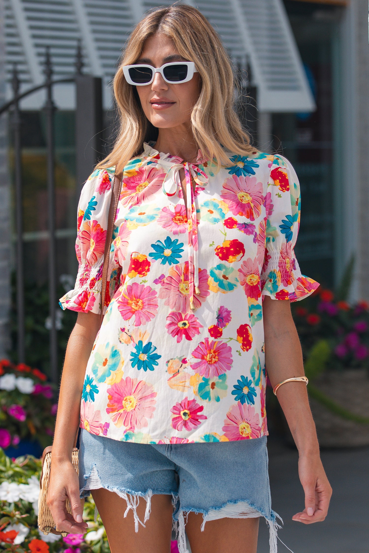 Beige Floral Blouse Tie V Neck Short Puff Sleeve Summer Women S-XL