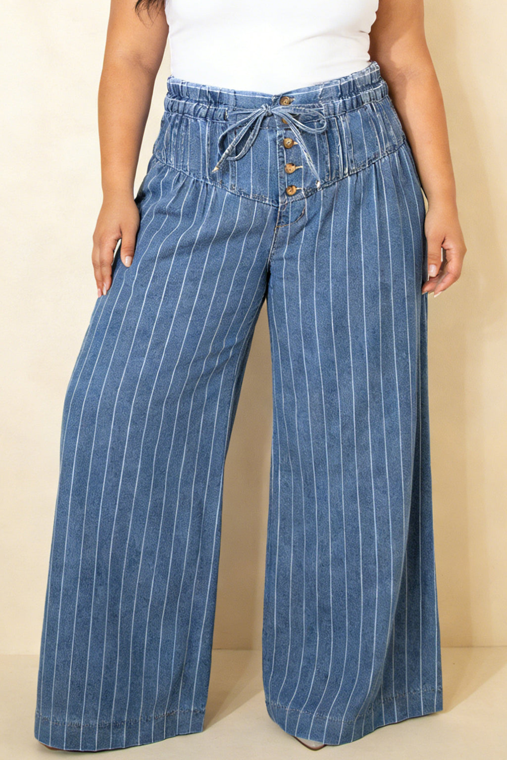 Sky Blue Stripe Plus Size Wide Leg Denim Trousers Button Front Drawstring 1X-4X