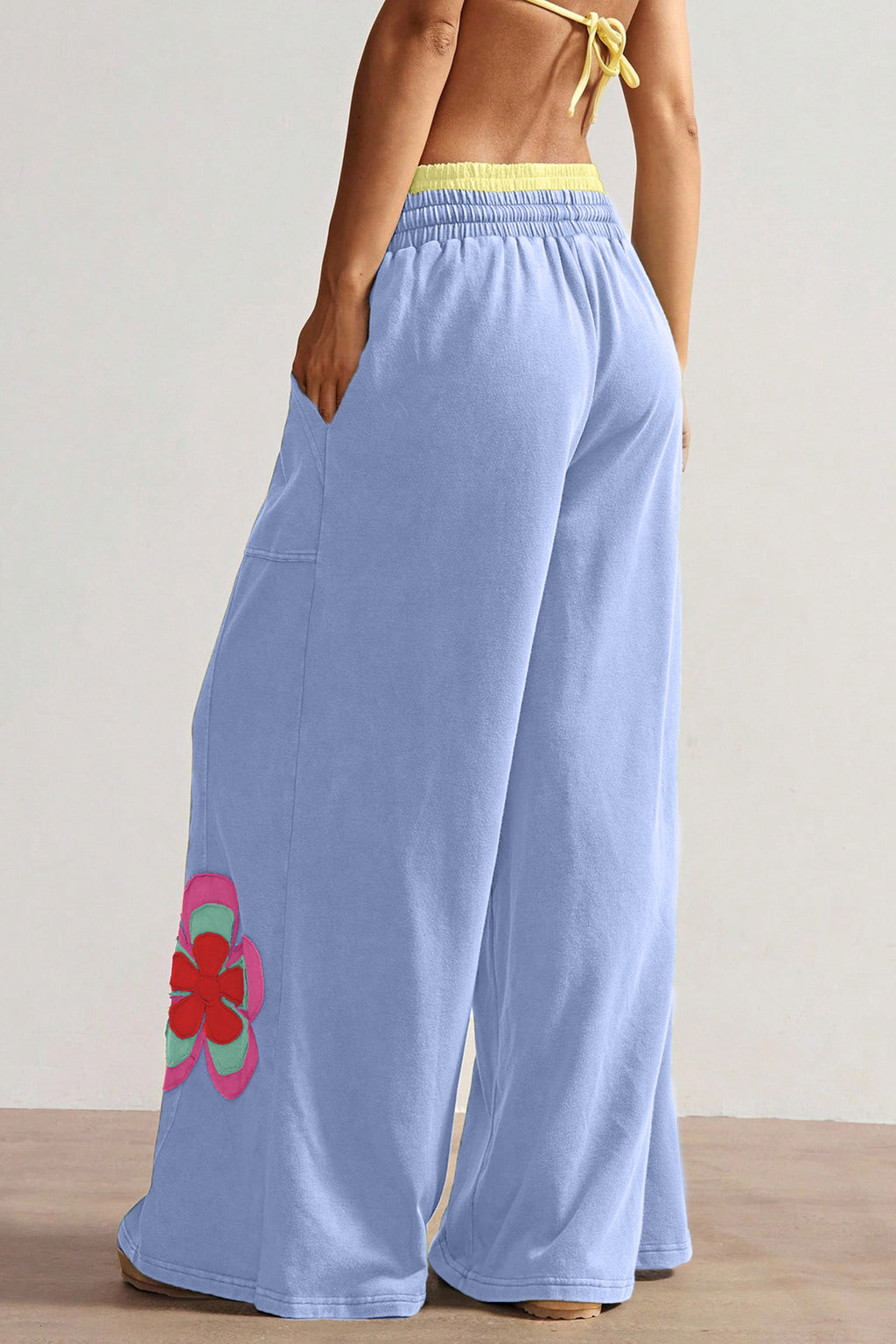 Floral Patchwork Drawstring Wide Leg Trousers – Sky Blue