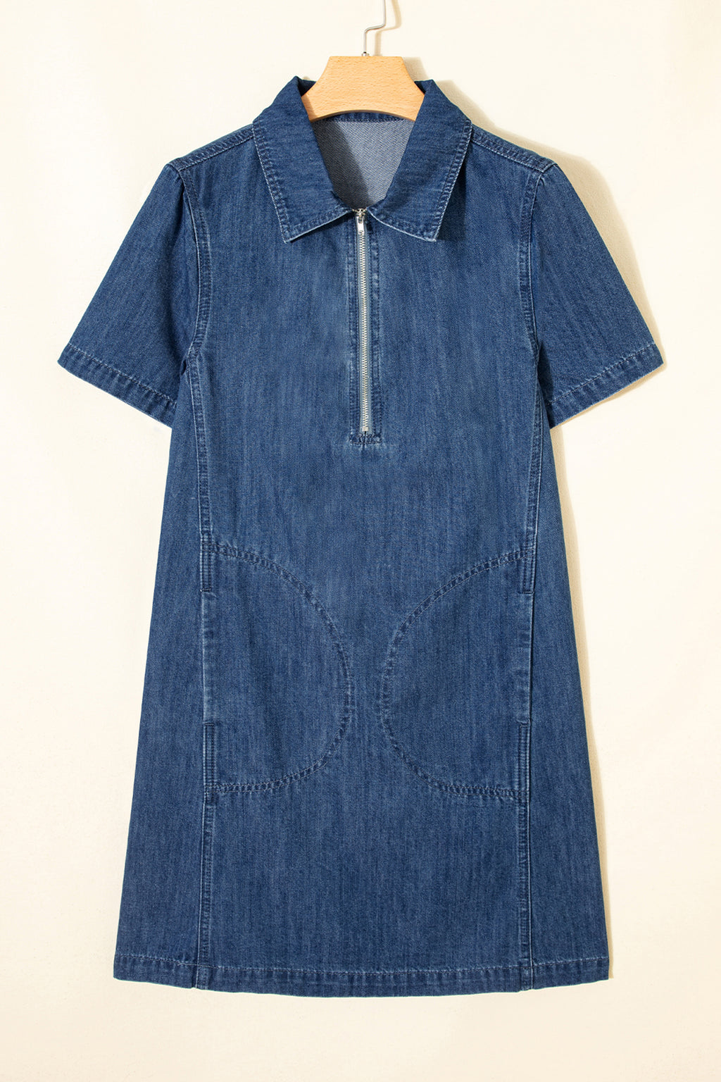 Blue Collared Zip-Up Short Sleeve Shift Mini Denim Dress