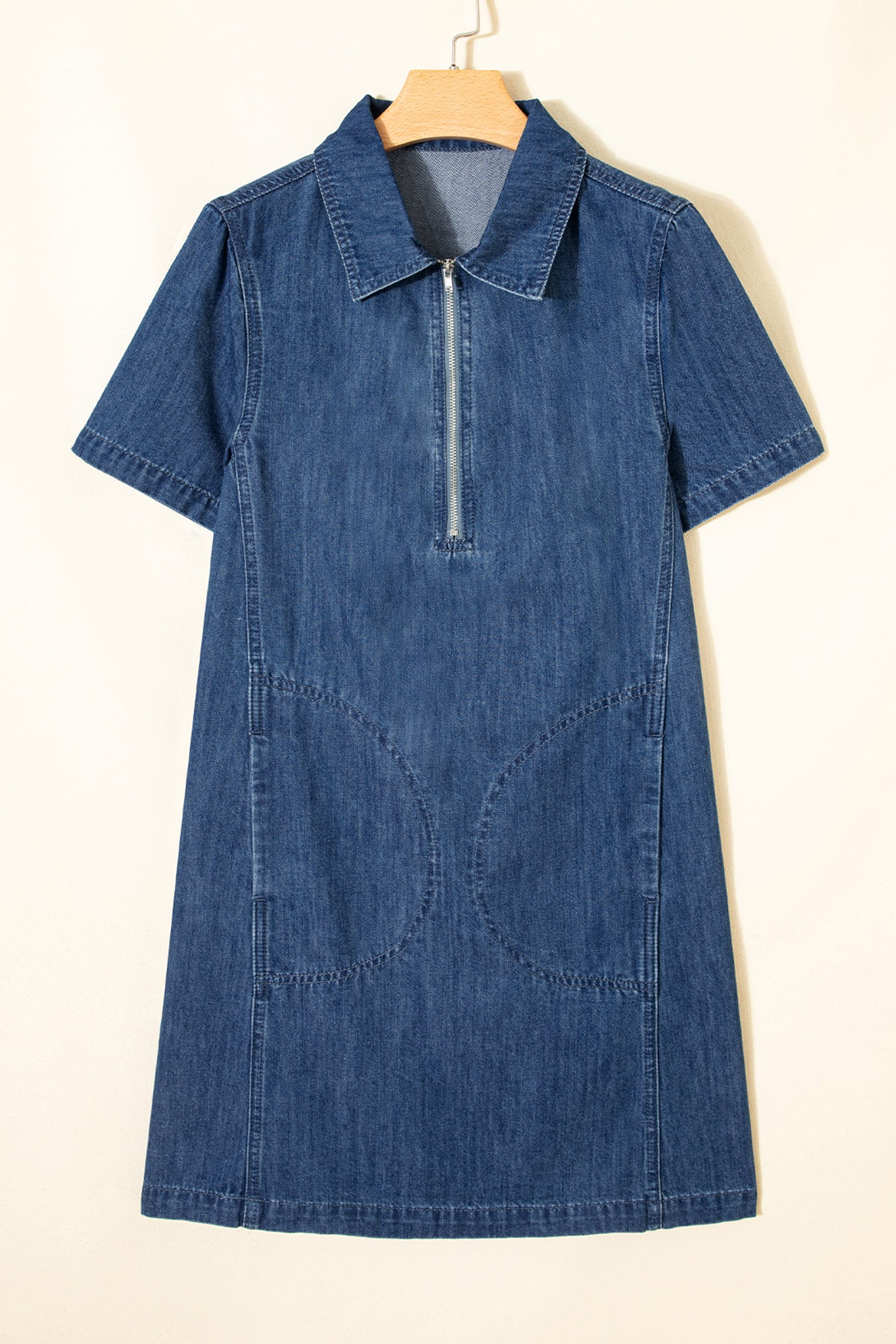 Blue Collared Zip-Up Short Sleeve Shift Mini Denim Dress