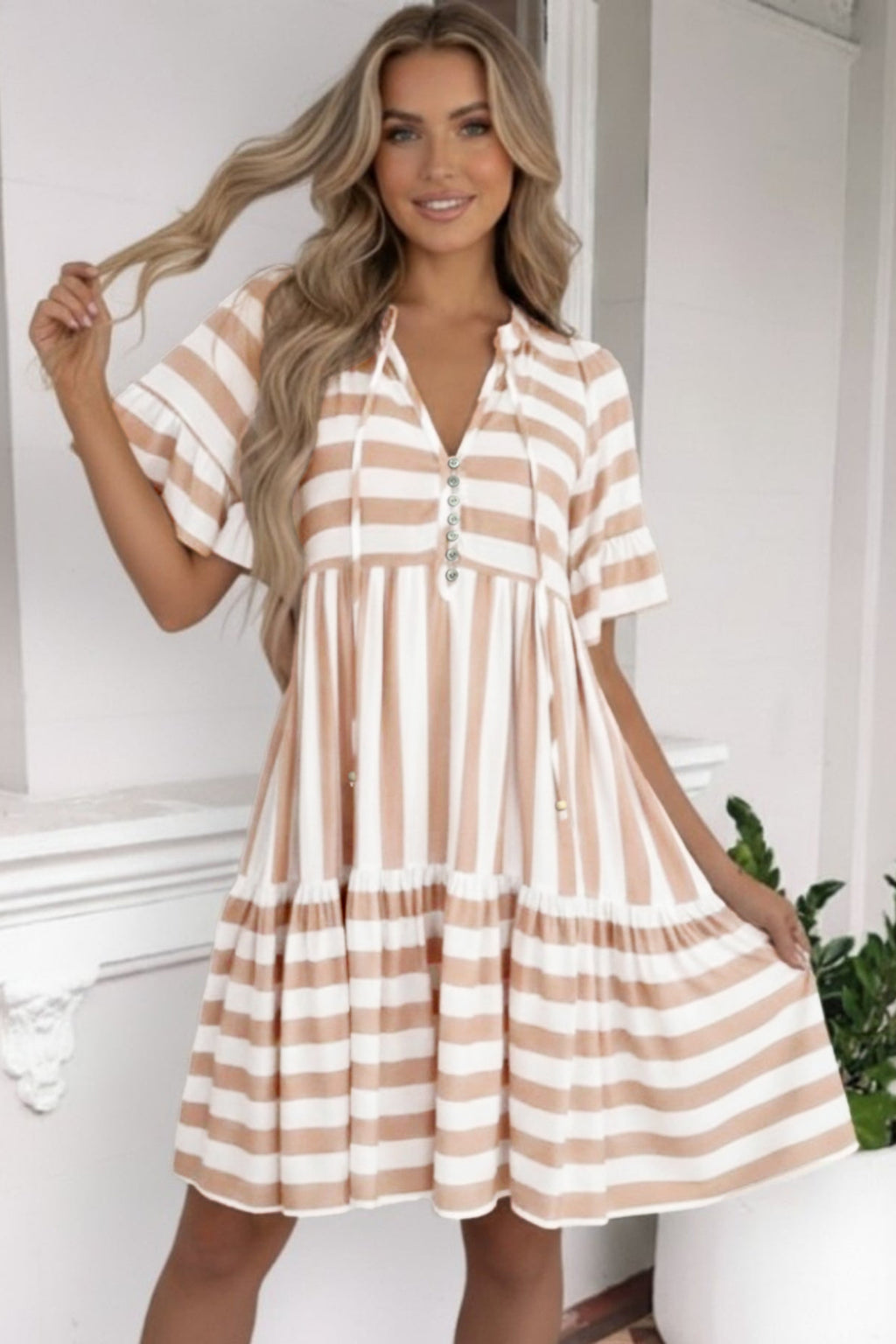 Women's Khaki Stripe Tie V-Neck Ruffle Sleeve Flared Summer Dress | Side Pockets at LivelyLooks
