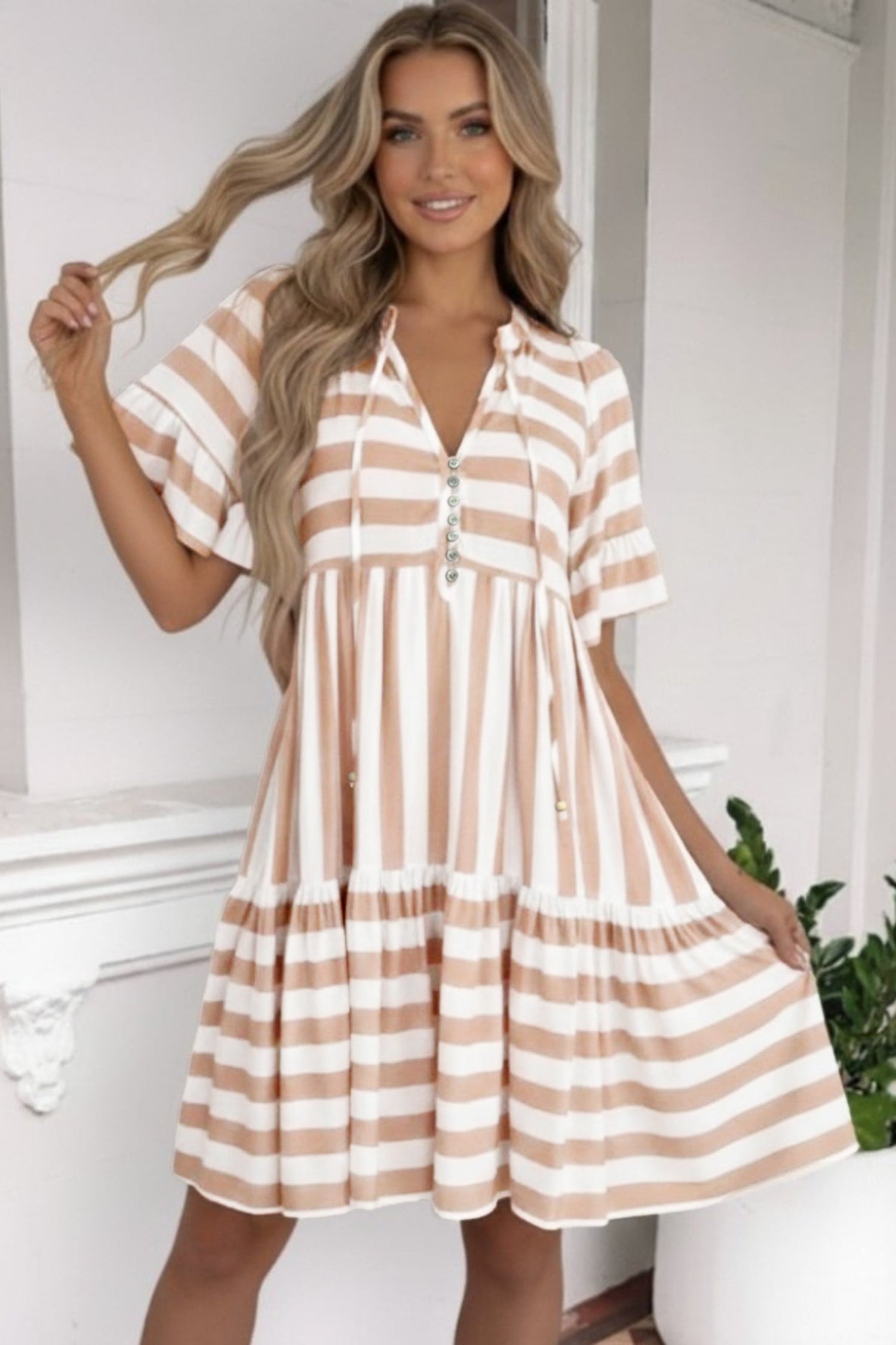 Women's Khaki Stripe Tie V-Neck Ruffle Sleeve Flared Summer Dress | Side Pockets at LivelyLooks