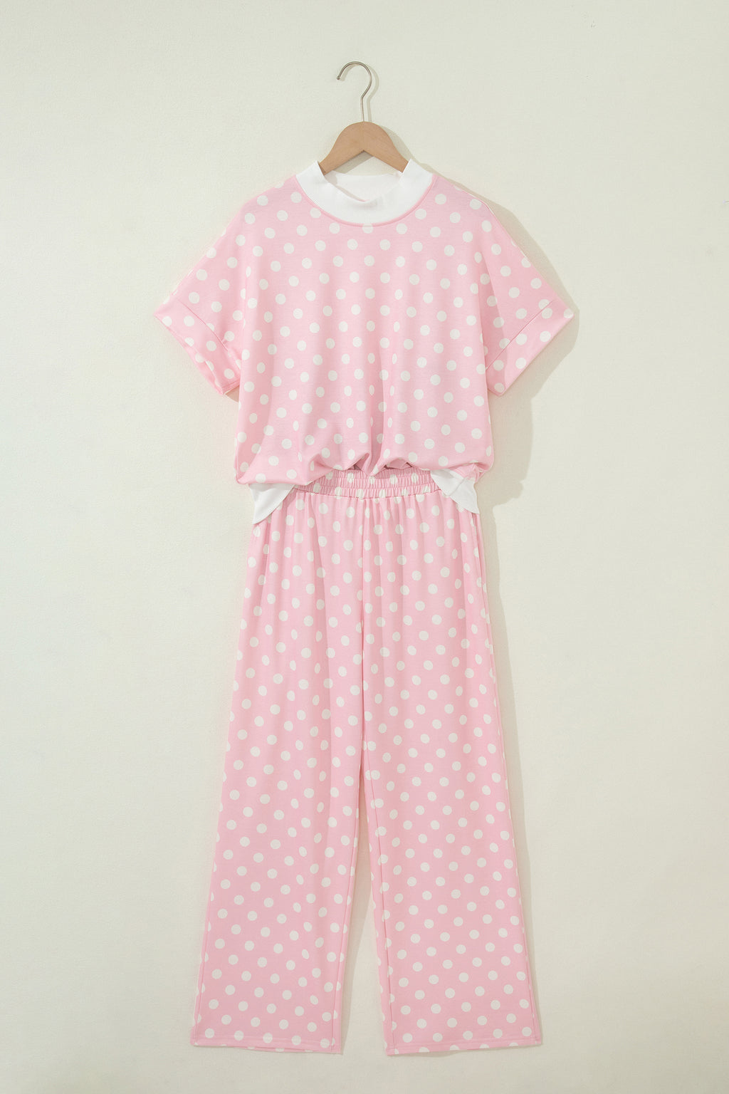 Shop Pink Polka Dot Mock Neck Short Sleeve Top & Shift Pant Co-ord Set S-XL at LivelyLooks