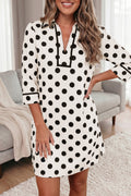 White Polka Dot Half Sleeve Collar V Neck Pocketed Casual Mini Dress | UK 10–18