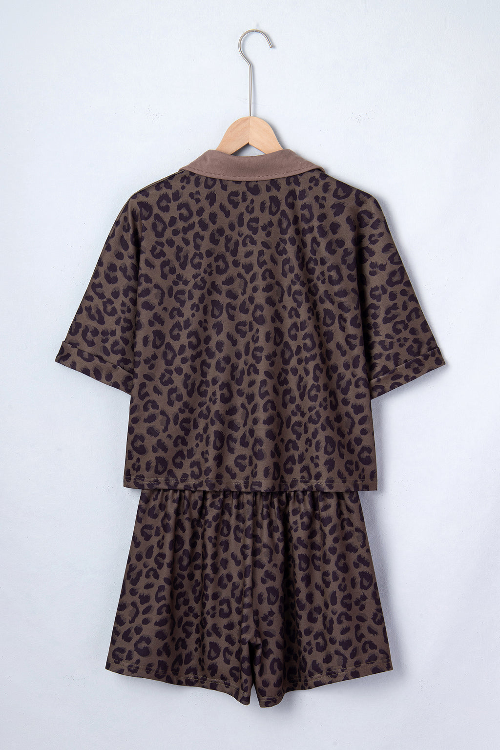 Leopard Print V-Neck Collar 2pcs Short Set | Rose, Khaki & Brown
