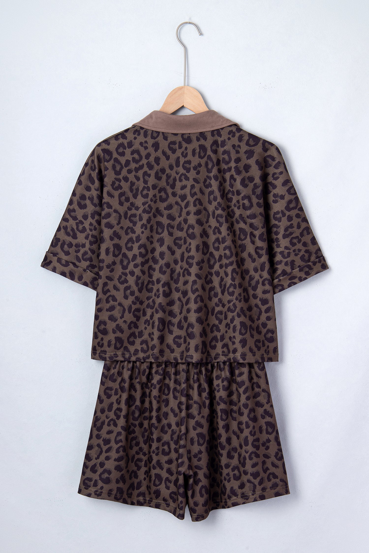 Leopard Print V-Neck Collar 2pcs Short Set | Rose, Khaki & Brown