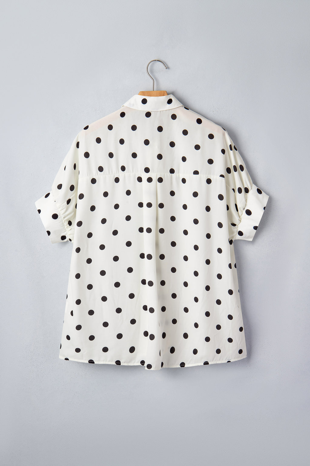 Beige Polka Dot Dolman Shirt Loose Fit Short Sleeve Rolled Cuff Women S-XL
