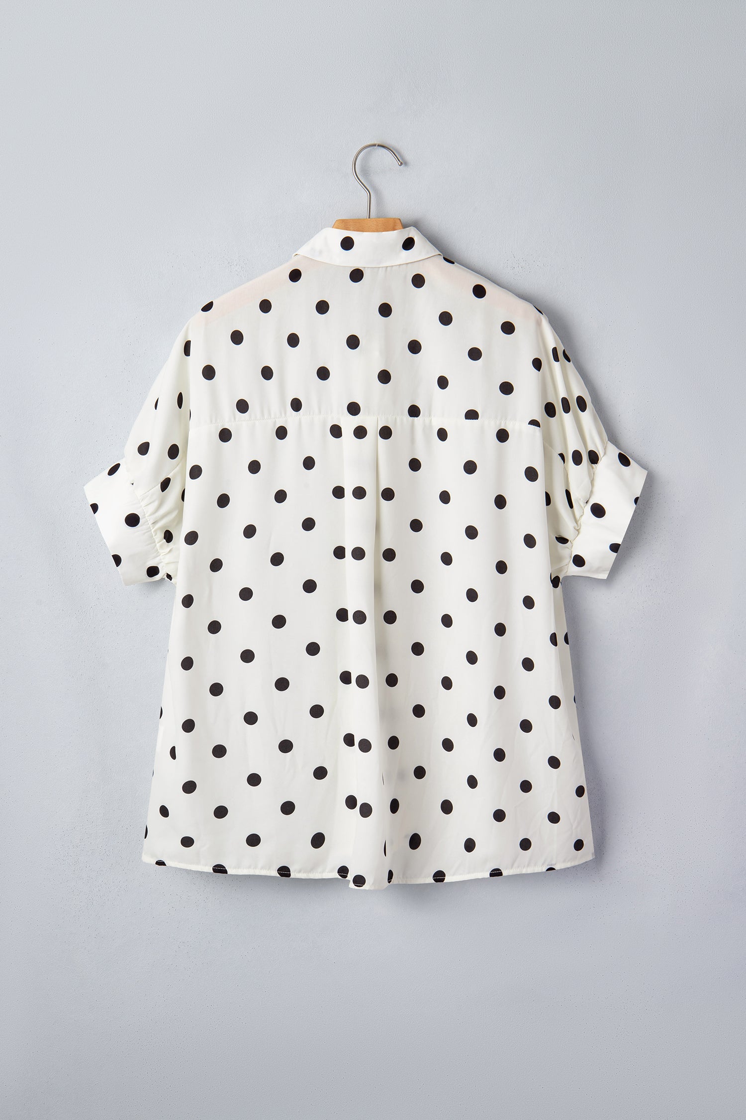 Beige Polka Dot Dolman Shirt Loose Fit Short Sleeve Rolled Cuff Women S-XL