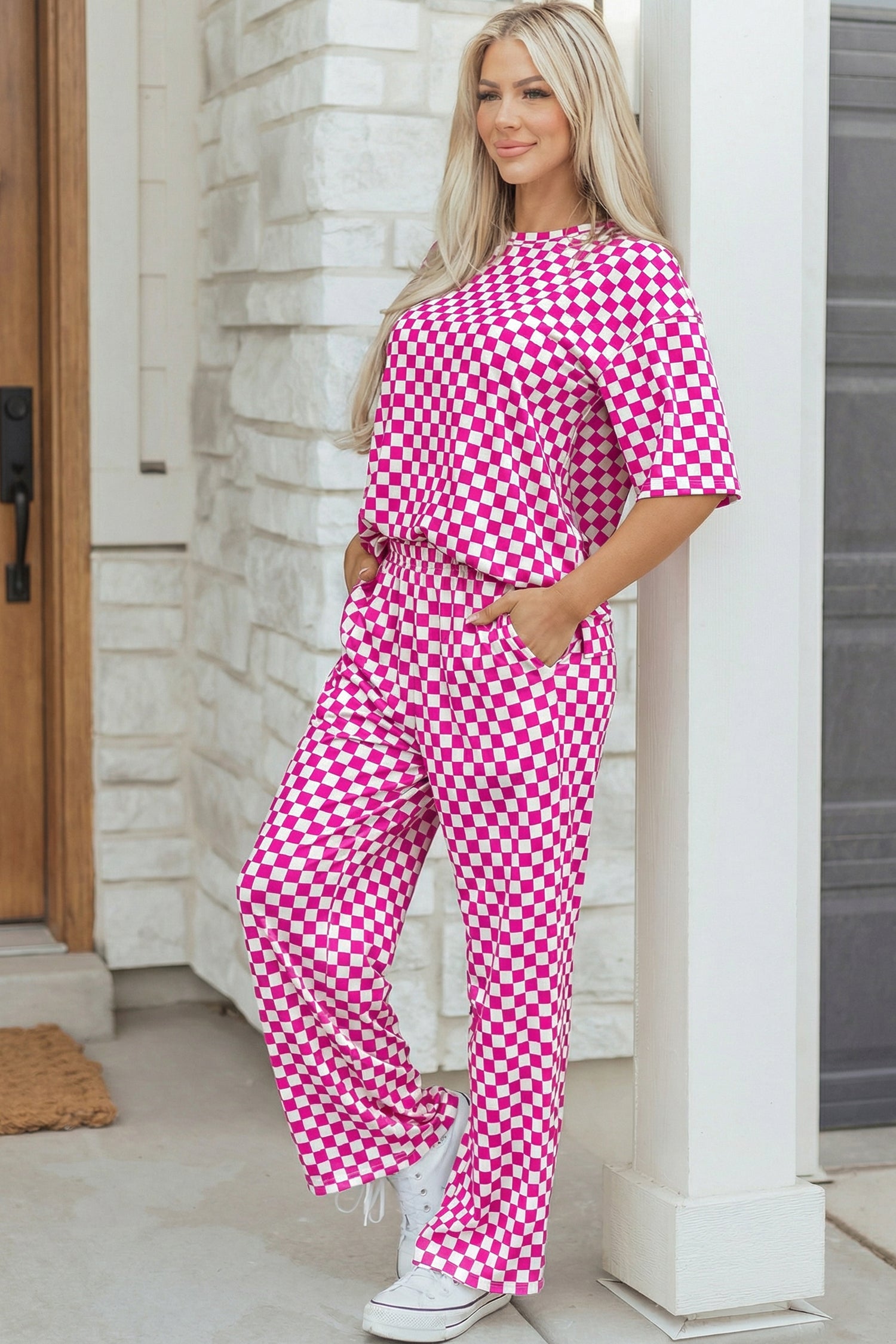Rose Checkered Lounge Set Half Sleeve Tee & Pant 2pcs Women S-XL