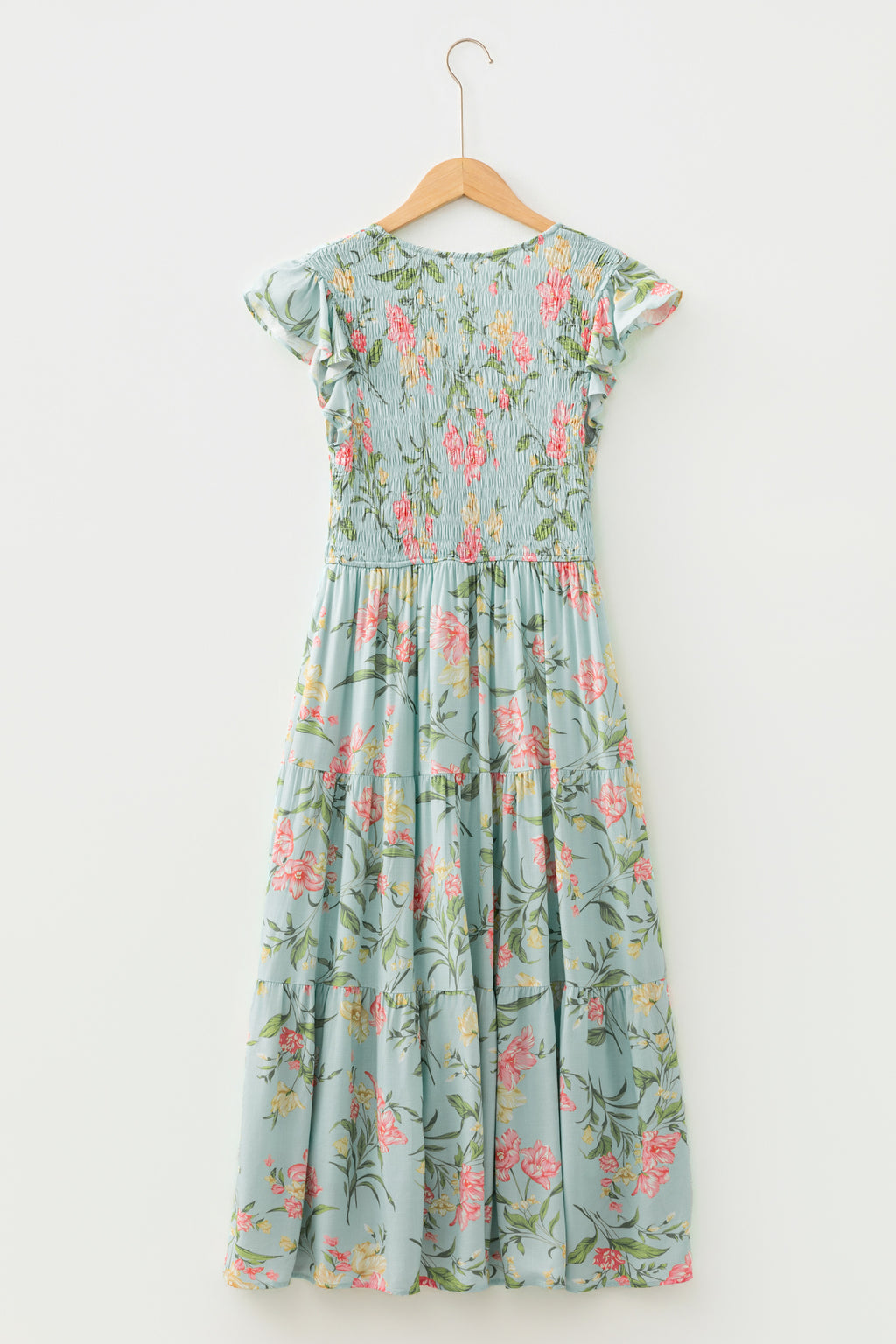 Women's Smocked Bodice Ruffled Sleeveless Tiered Floral Maxi Dress at LivelyLooks