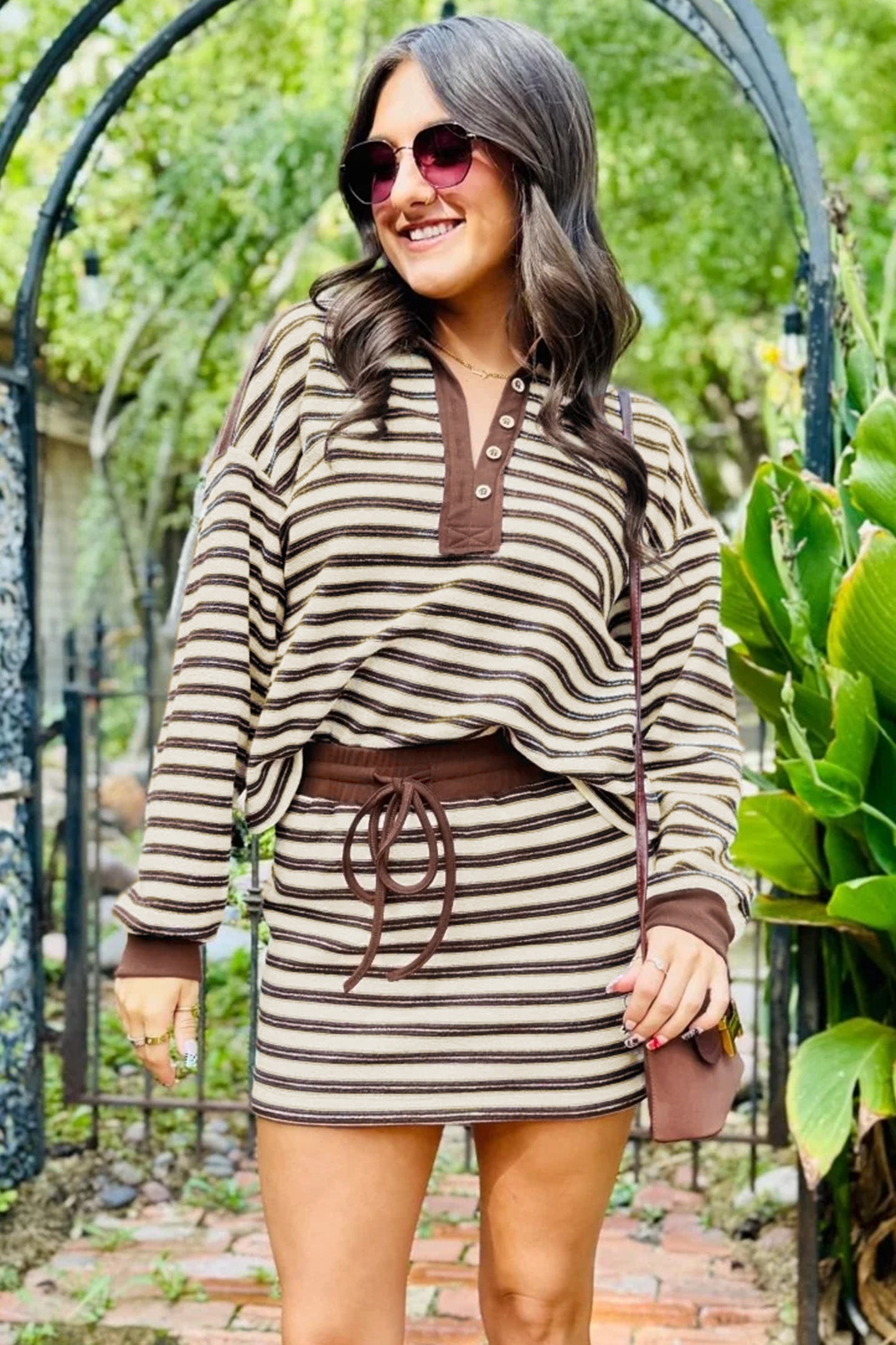 Brown Stripe Contrast Trim Long Sleeve Top & Drawstring Mini Skirt Set | UK 8–22