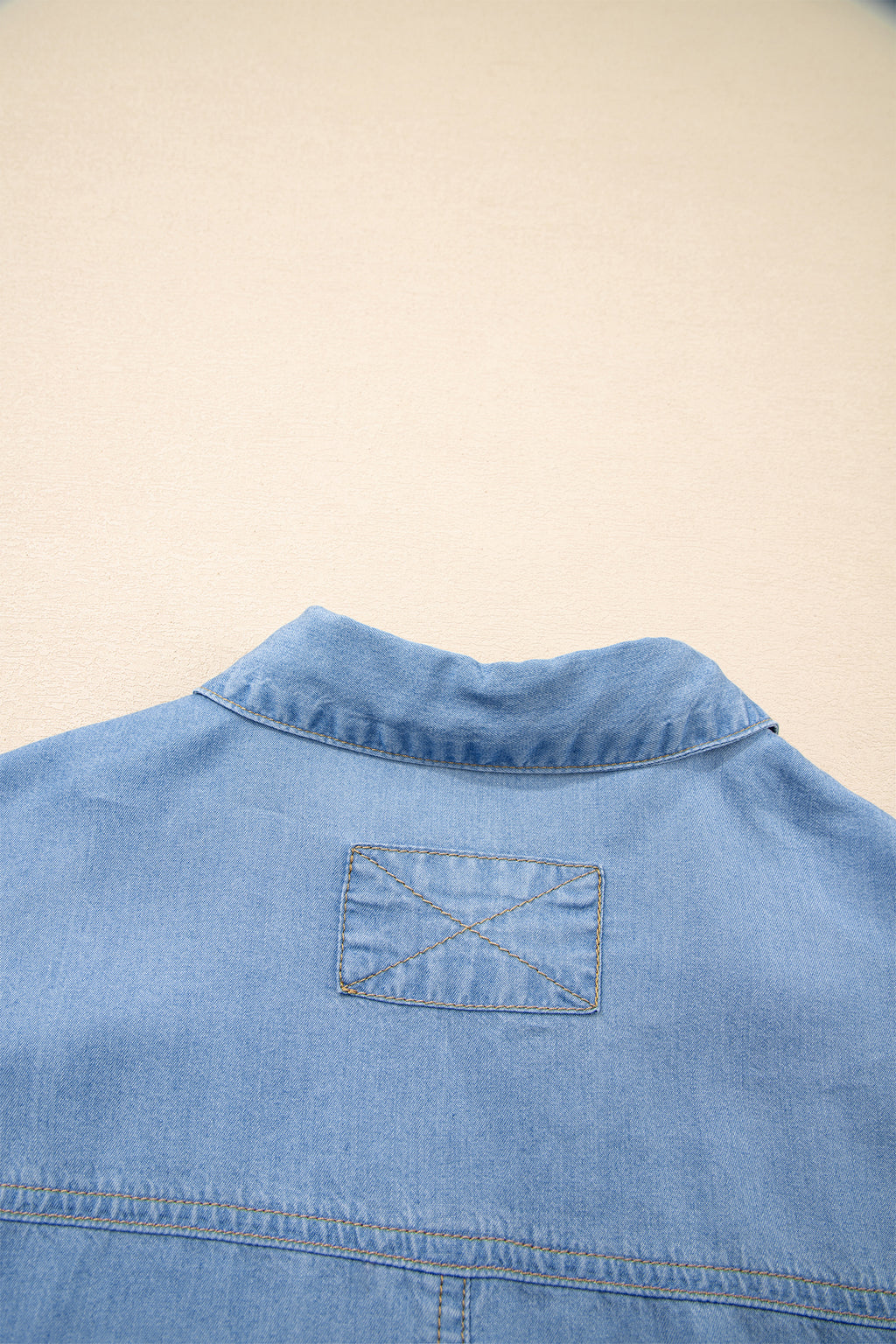 Women's Beau Blue Half Sleeve Button Down Ruffled High Low Chambray Shirt at LivelyLooks