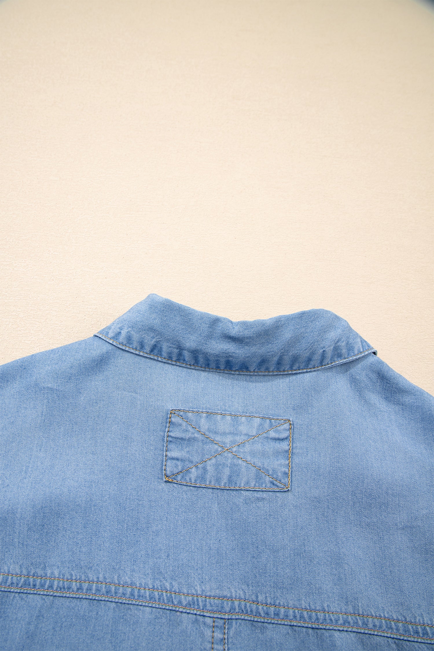 Women's Beau Blue Half Sleeve Button Down Ruffled High Low Chambray Shirt at LivelyLooks